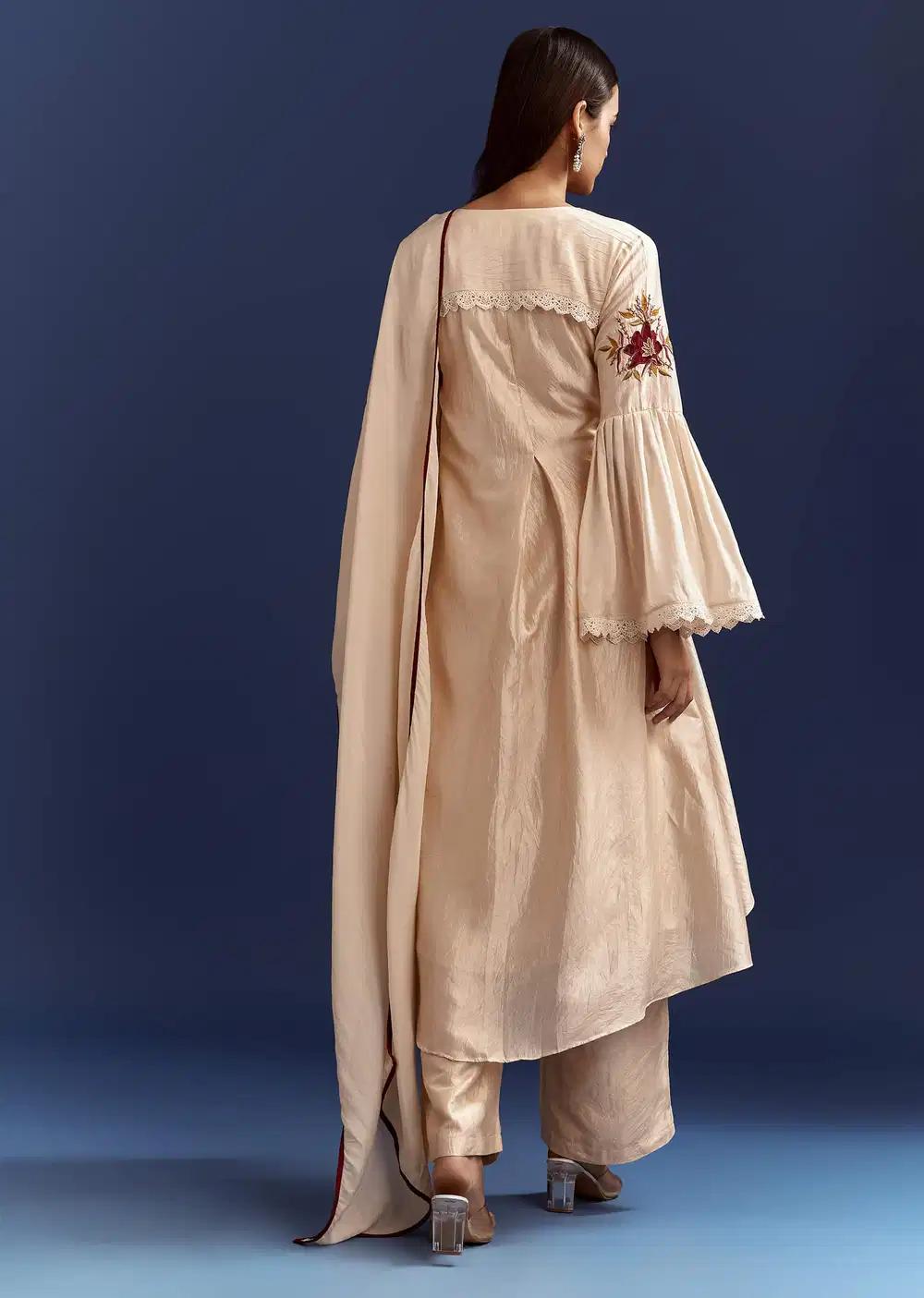 Light Beige High Low Kurta With Cut Dana Beads And Applique Work In Fuji Silk Outfit