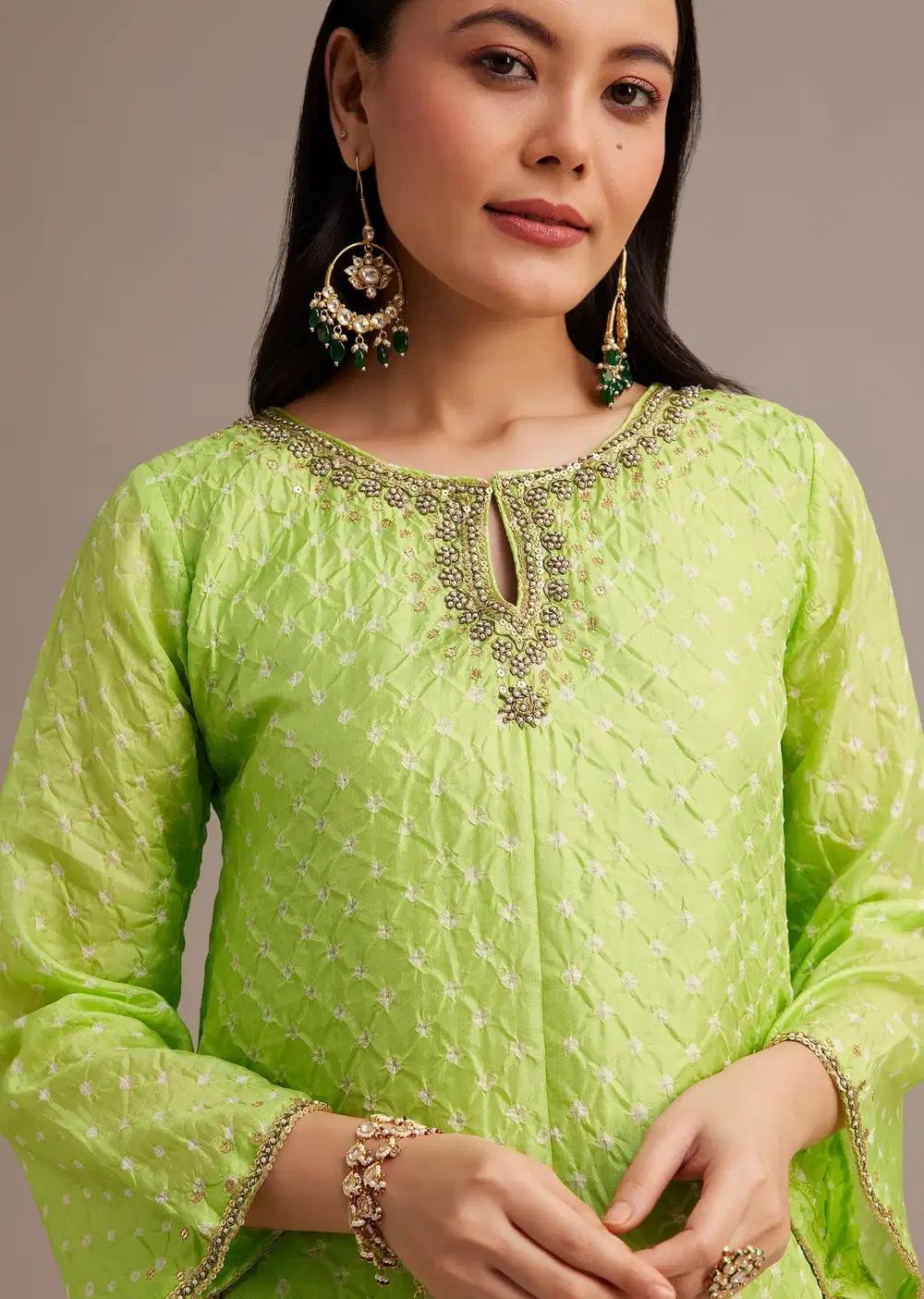 Light Green Bandhani High Low Kurta Ensemble With Dhoti Outfit