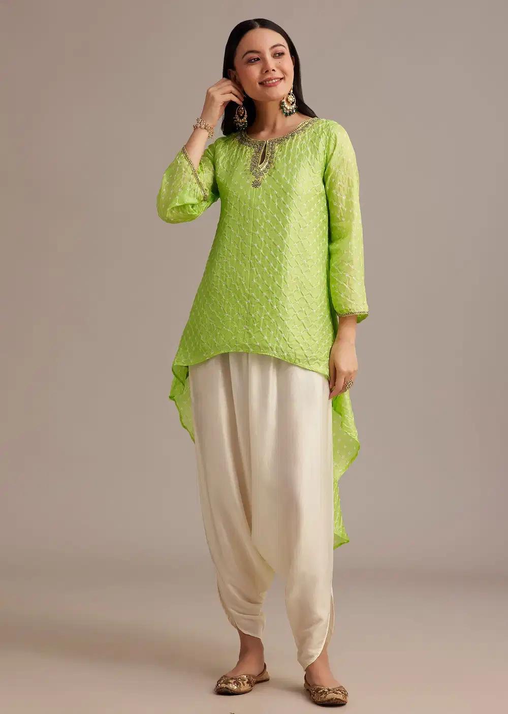 Light Green Bandhani High Low Kurta Ensemble With Dhoti Outfit