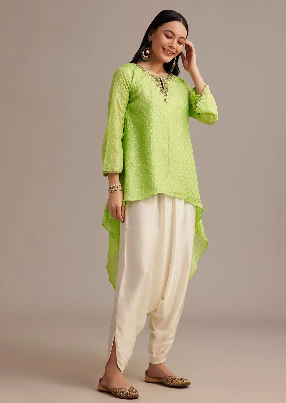 Light Green Bandhani High Low Kurta Ensemble With Dhoti Outfit