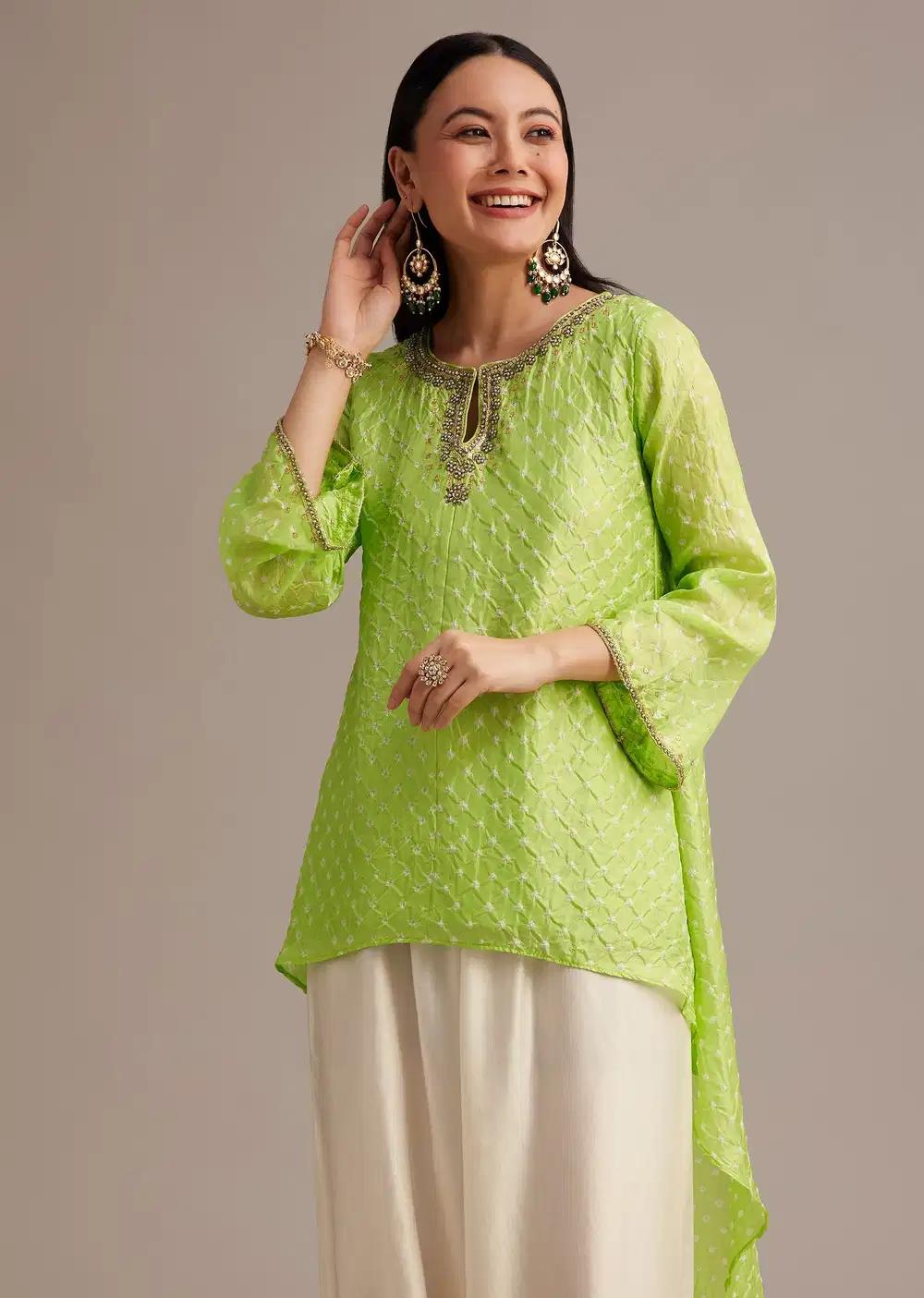Light Green Bandhani High Low Kurta Ensemble With Dhoti Outfit