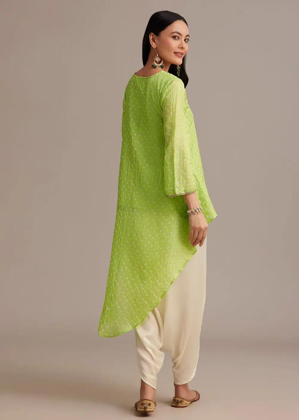 Light Green Bandhani High Low Kurta Ensemble With Dhoti Outfit