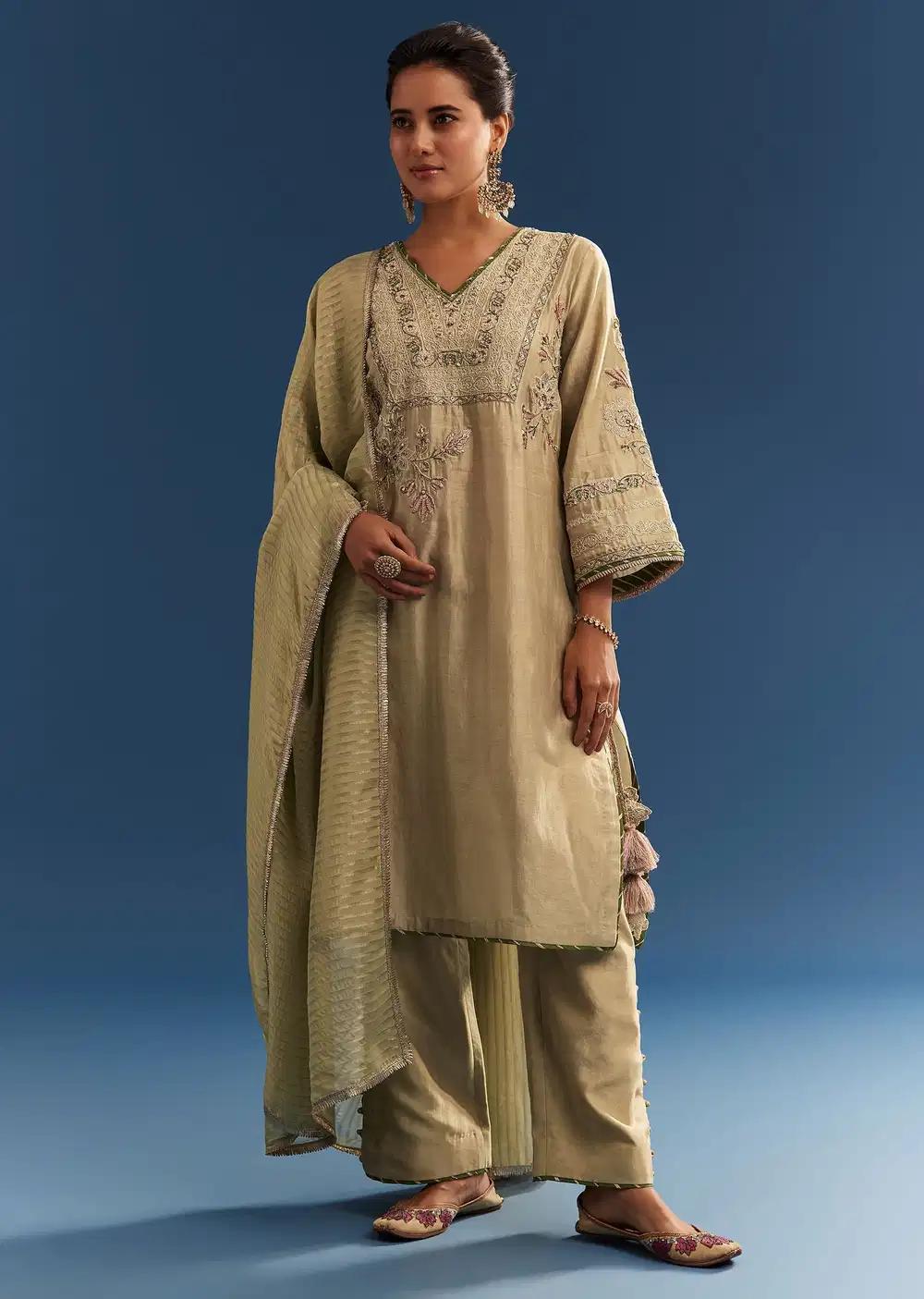 Light Green Chanderi Kurta Ensemble With Organza Dupatta And Tassel Tie Up Back Outfit