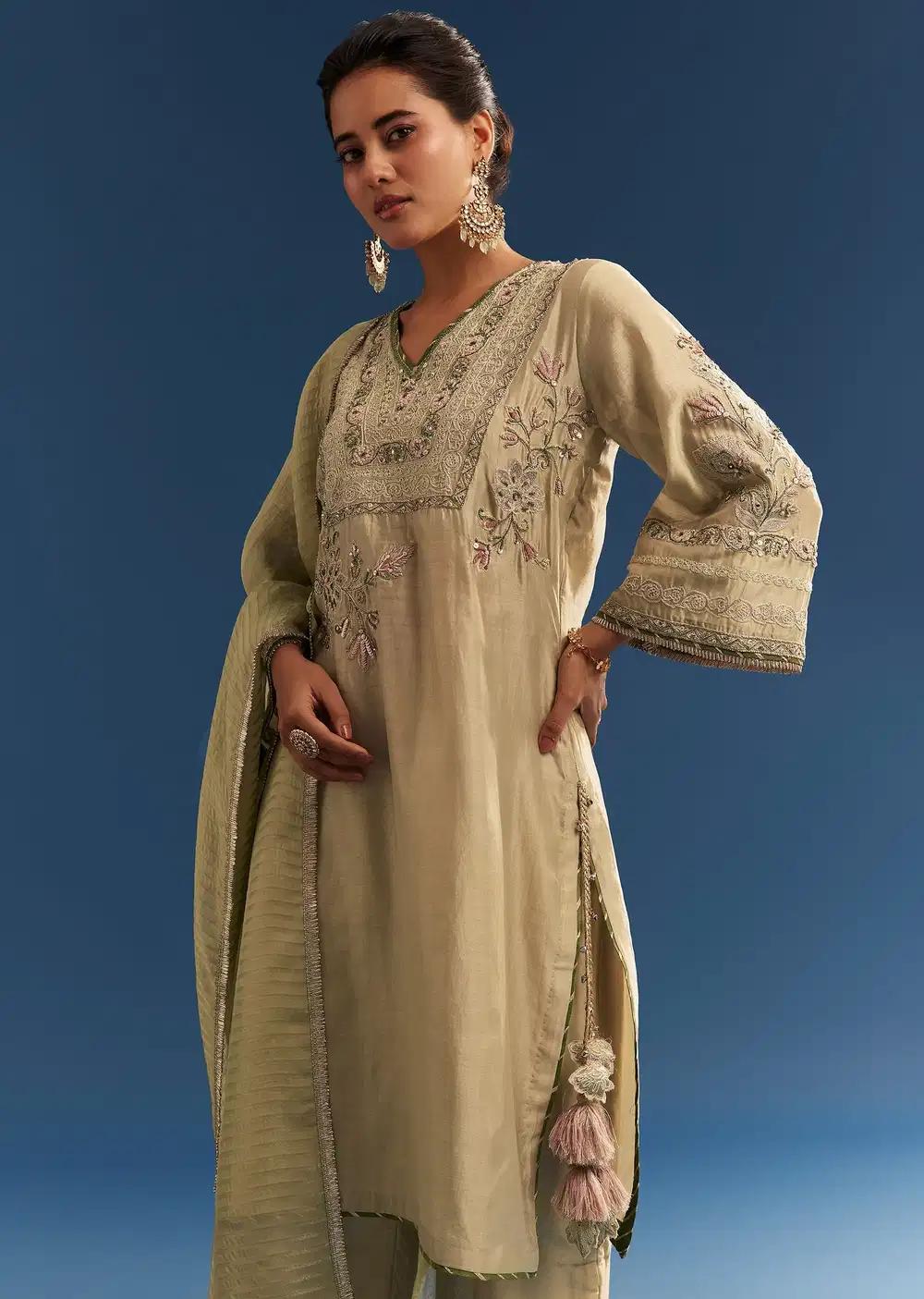 Light Green Chanderi Kurta Ensemble With Organza Dupatta And Tassel Tie Up Back Outfit