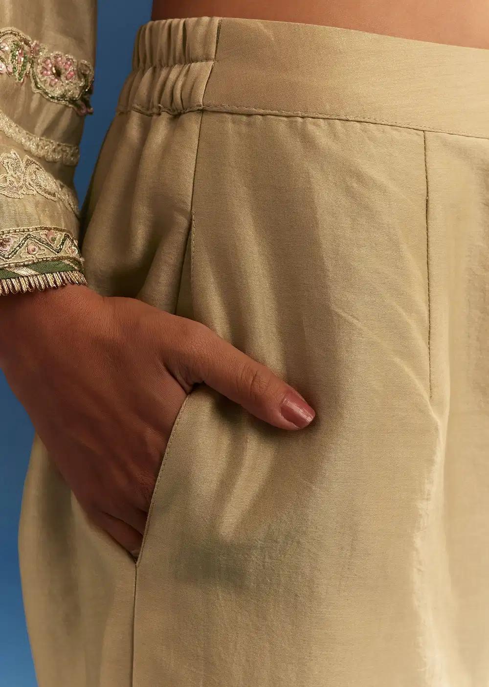 Light Green Chanderi Kurta Ensemble With Organza Dupatta And Tassel Tie Up Back Outfit