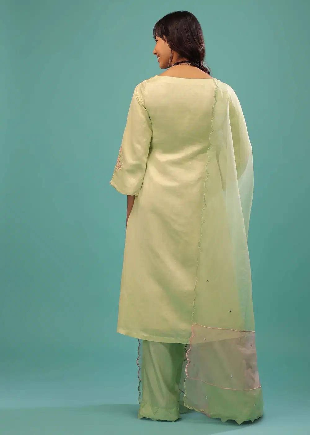 Lime Green Linen Satin Straight Cut Palazzo Suit With Floral Embroidery On The Sleeves