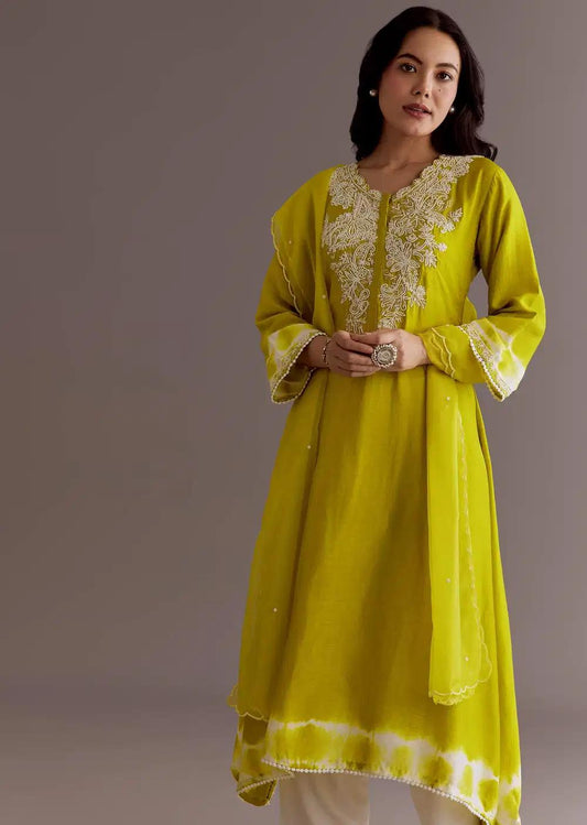 Lime Green Silk Kurta Dupatta Ensemble With Moti Work Outfit