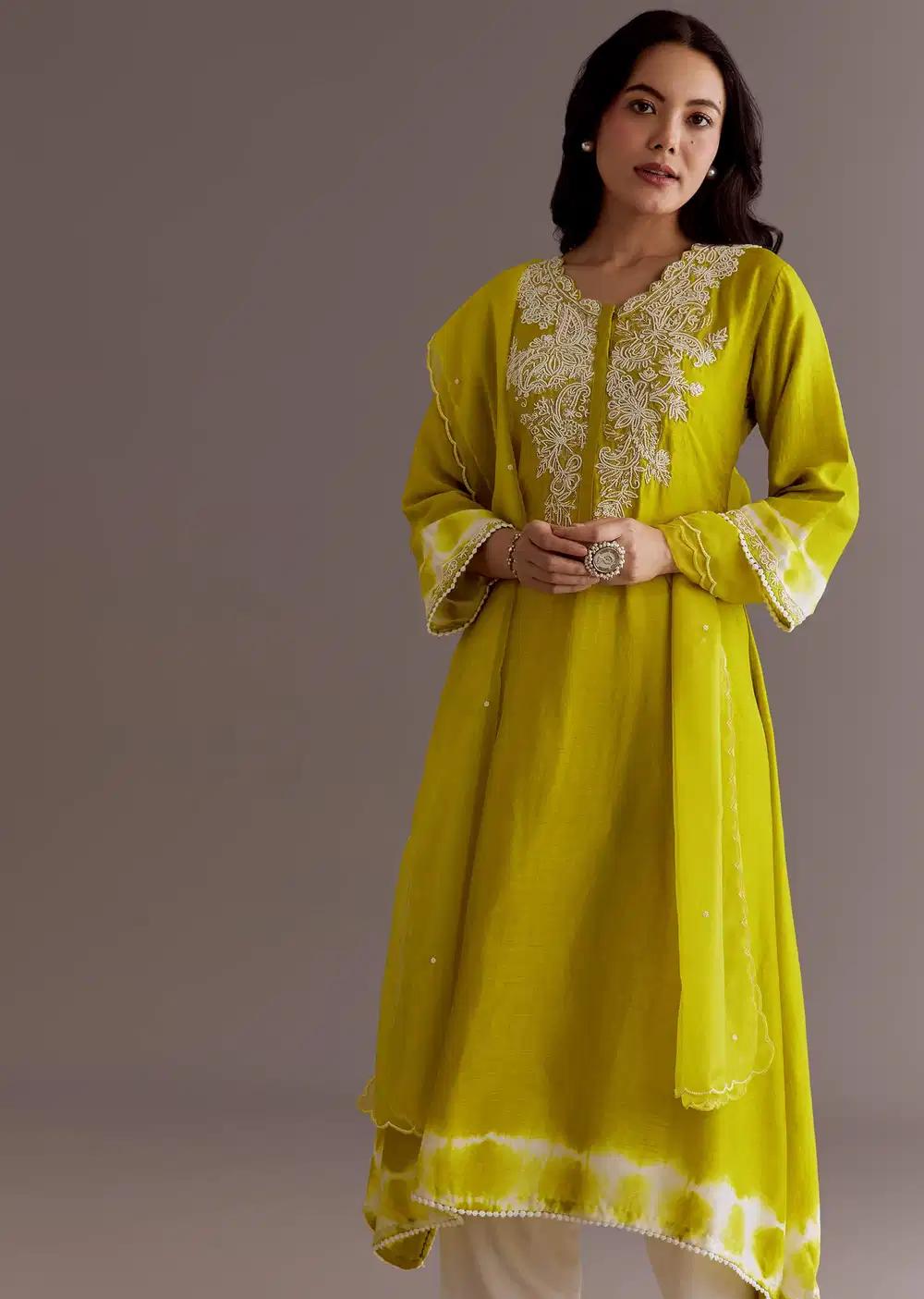 Lime Green Silk Kurta Dupatta Ensemble With Moti Work Outfit