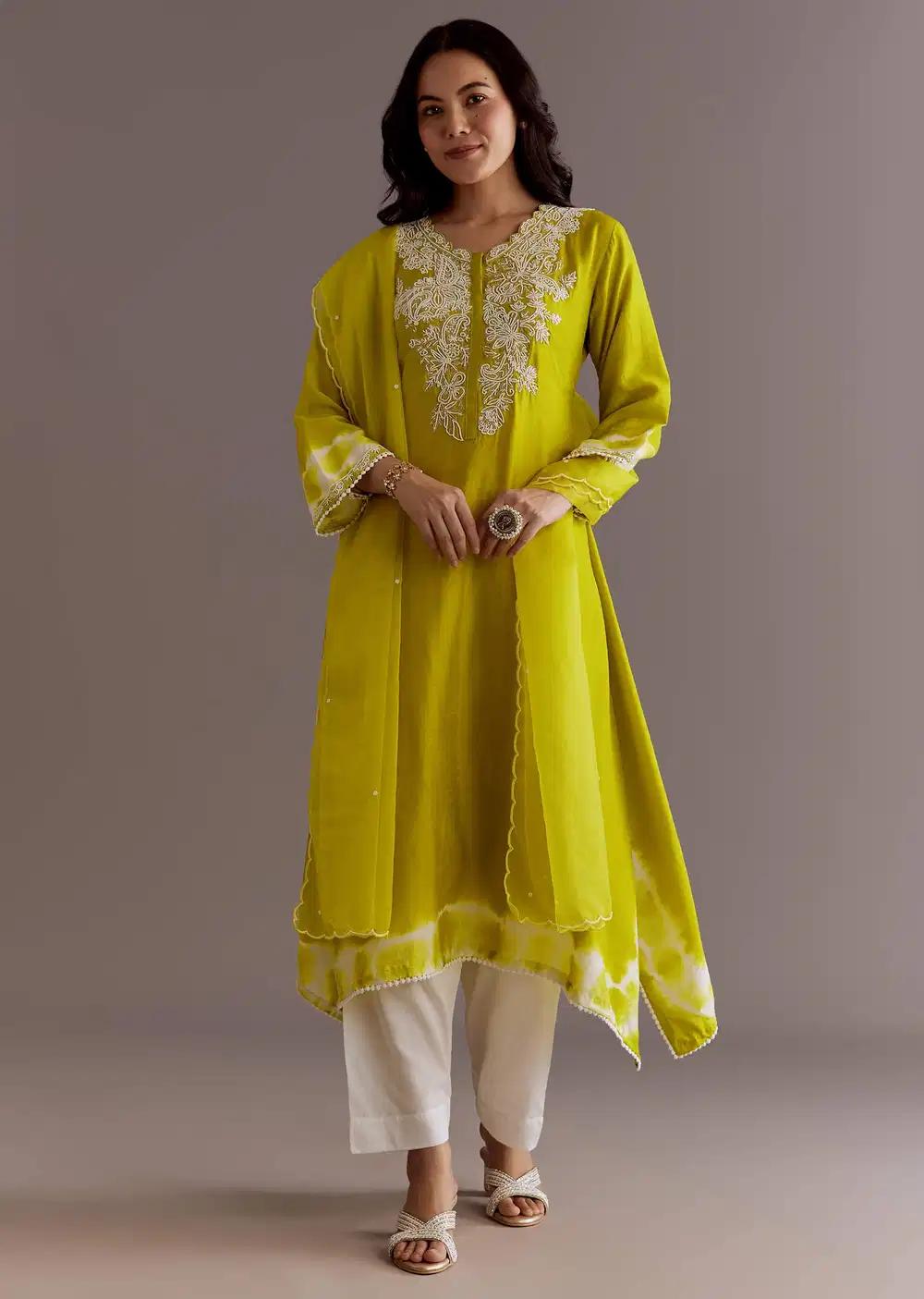 Lime Green Silk Kurta Dupatta Ensemble With Moti Work Outfit