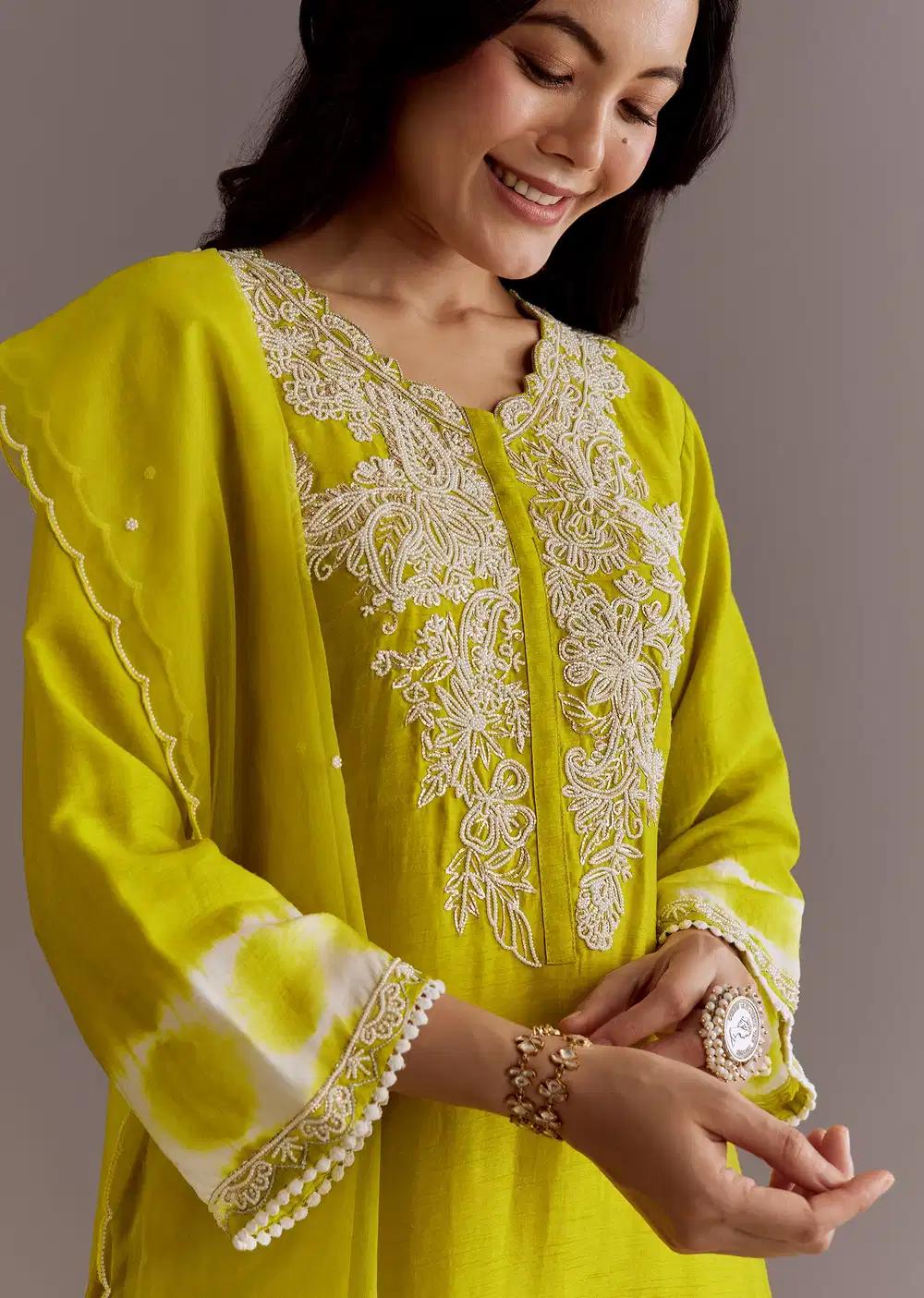 Lime Green Silk Kurta Dupatta Ensemble With Moti Work Outfit