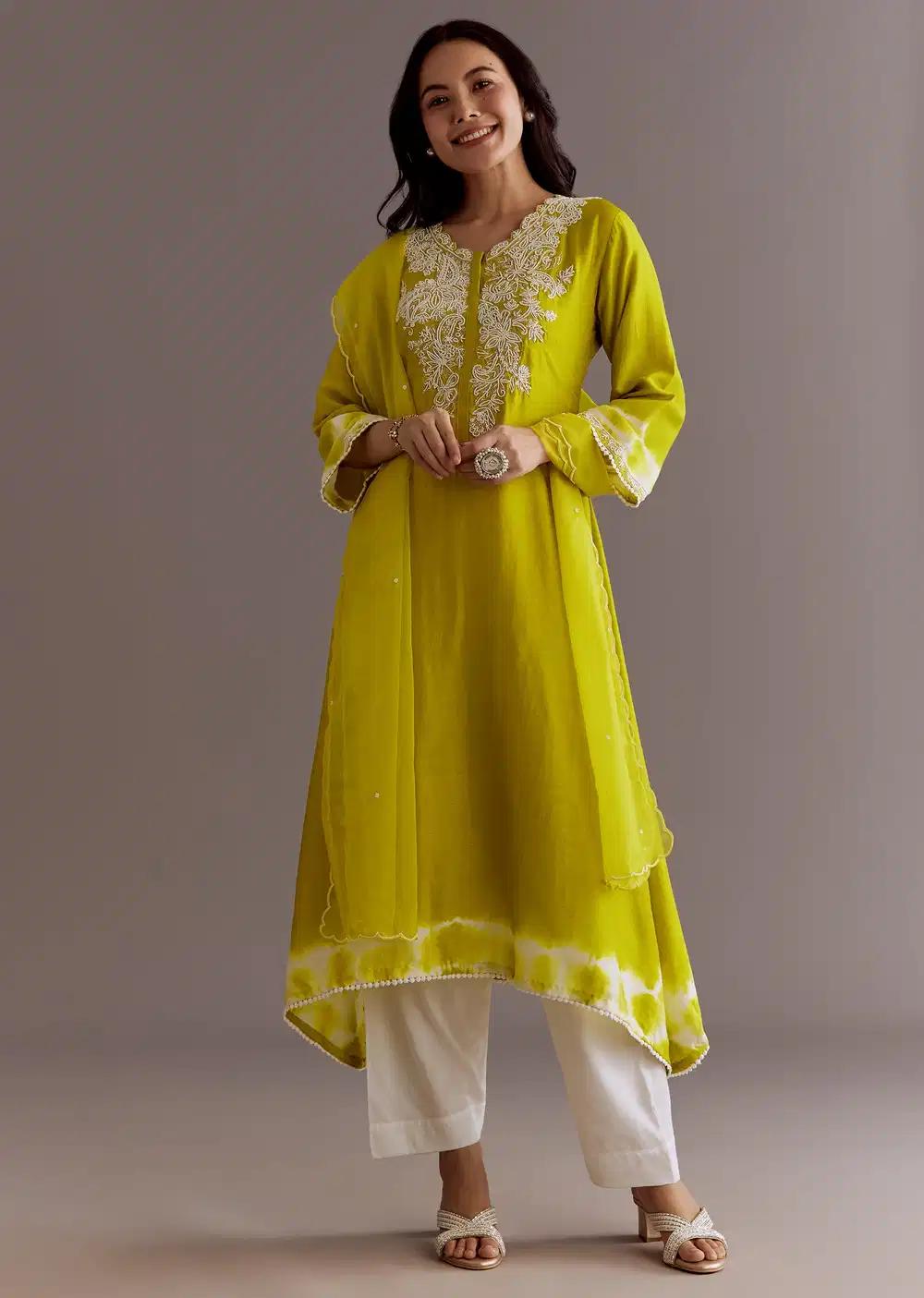Lime Green Silk Kurta Dupatta Ensemble With Moti Work Outfit