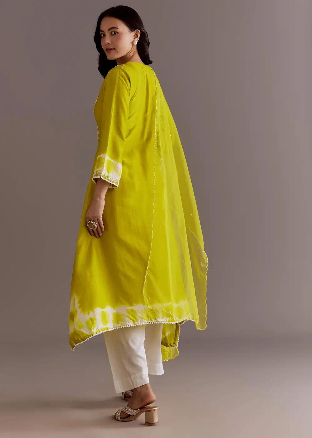 Lime Green Silk Kurta Dupatta Ensemble With Moti Work Outfit