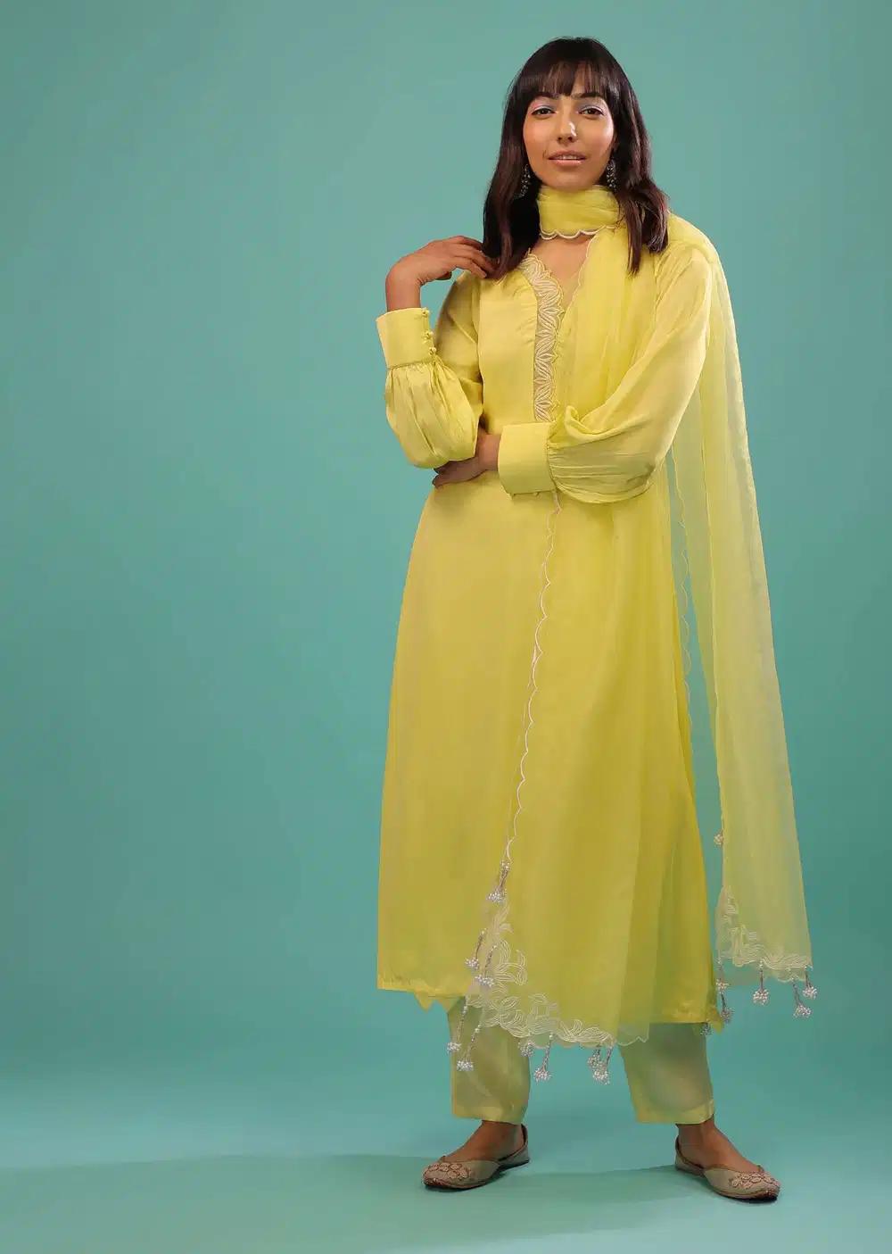 Lime Yellow Bemberg Silk A Line Suit In Organza