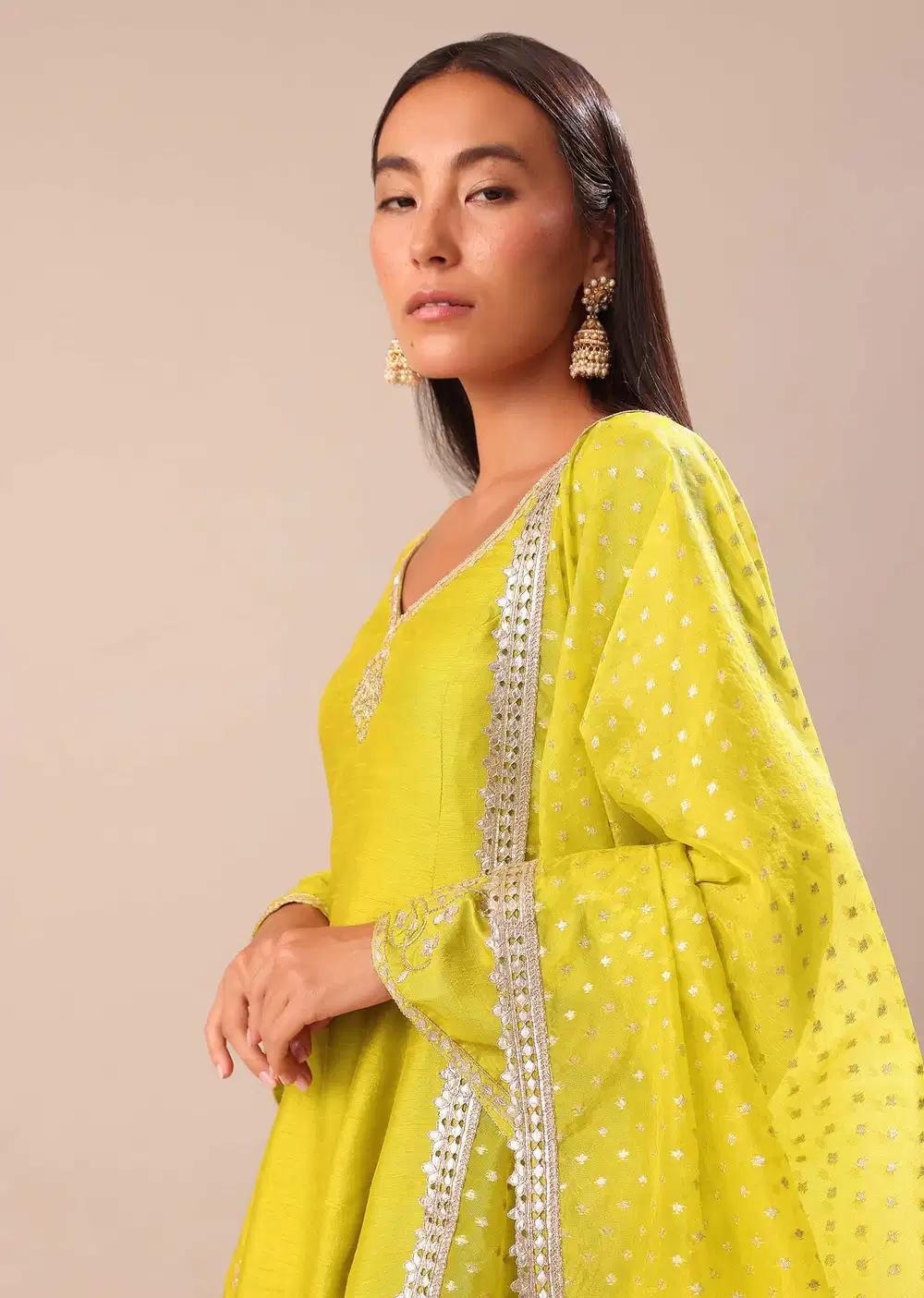 Lime Yellow Embroidered Kurta With Salwar And Dupatta Outfit