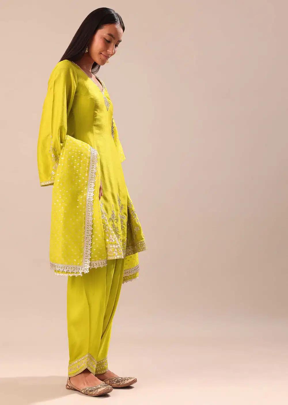 Lime Yellow Embroidered Kurta With Salwar And Dupatta Outfit