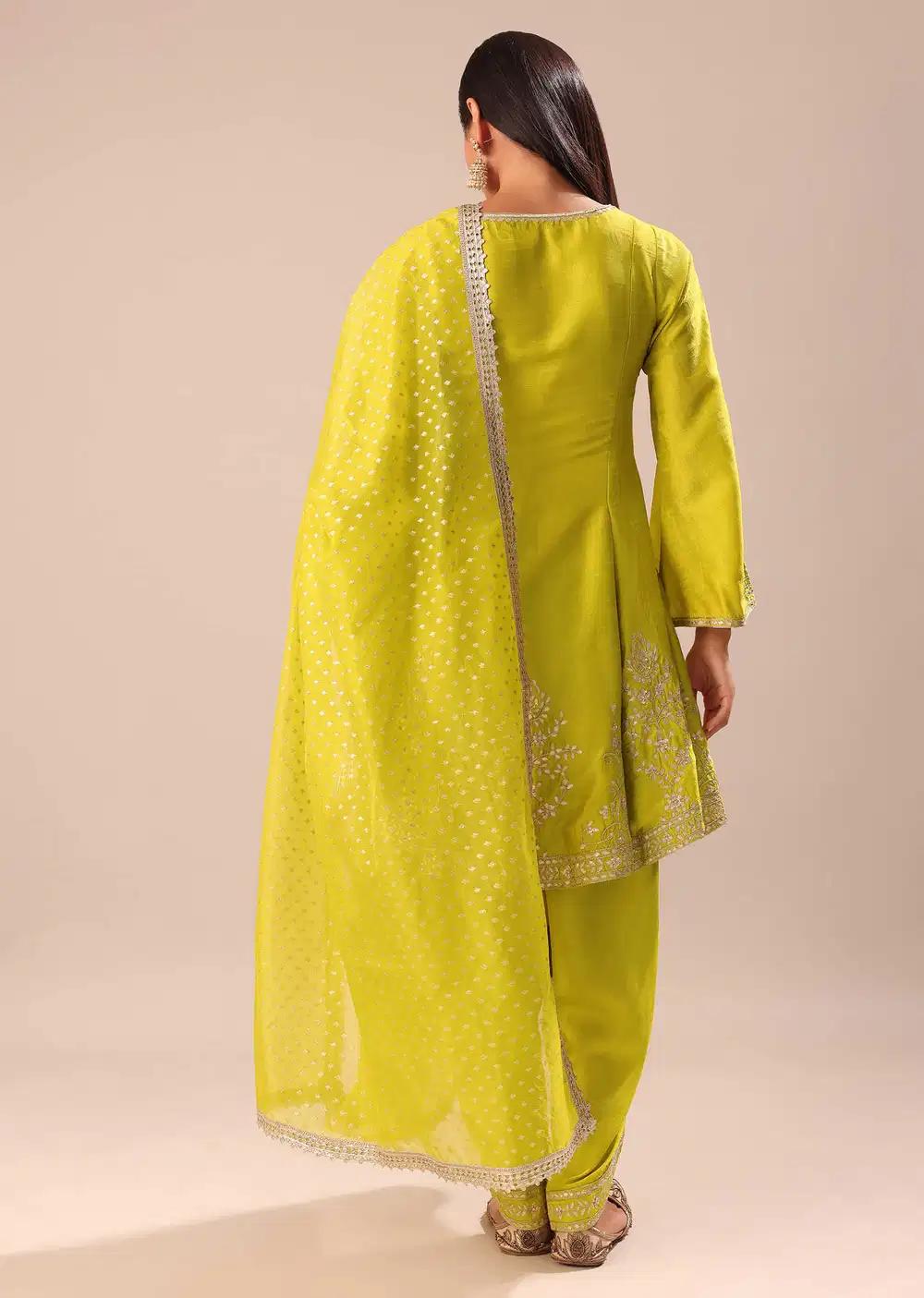 Lime Yellow Embroidered Kurta With Salwar And Dupatta Outfit