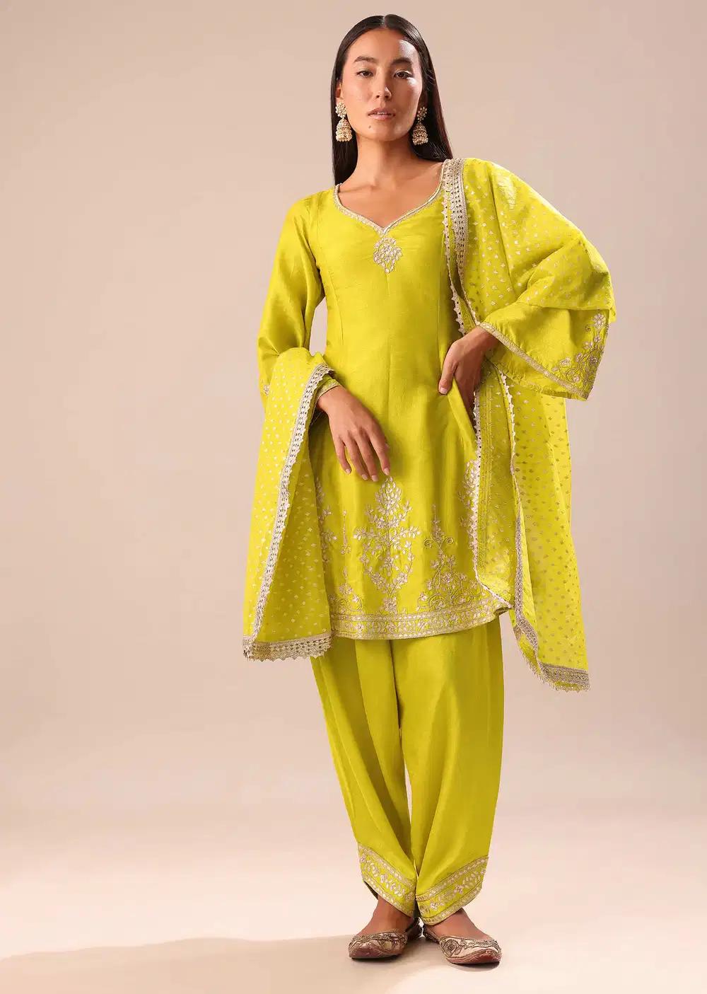Lime Yellow Embroidered Kurta With Salwar And Dupatta Outfit