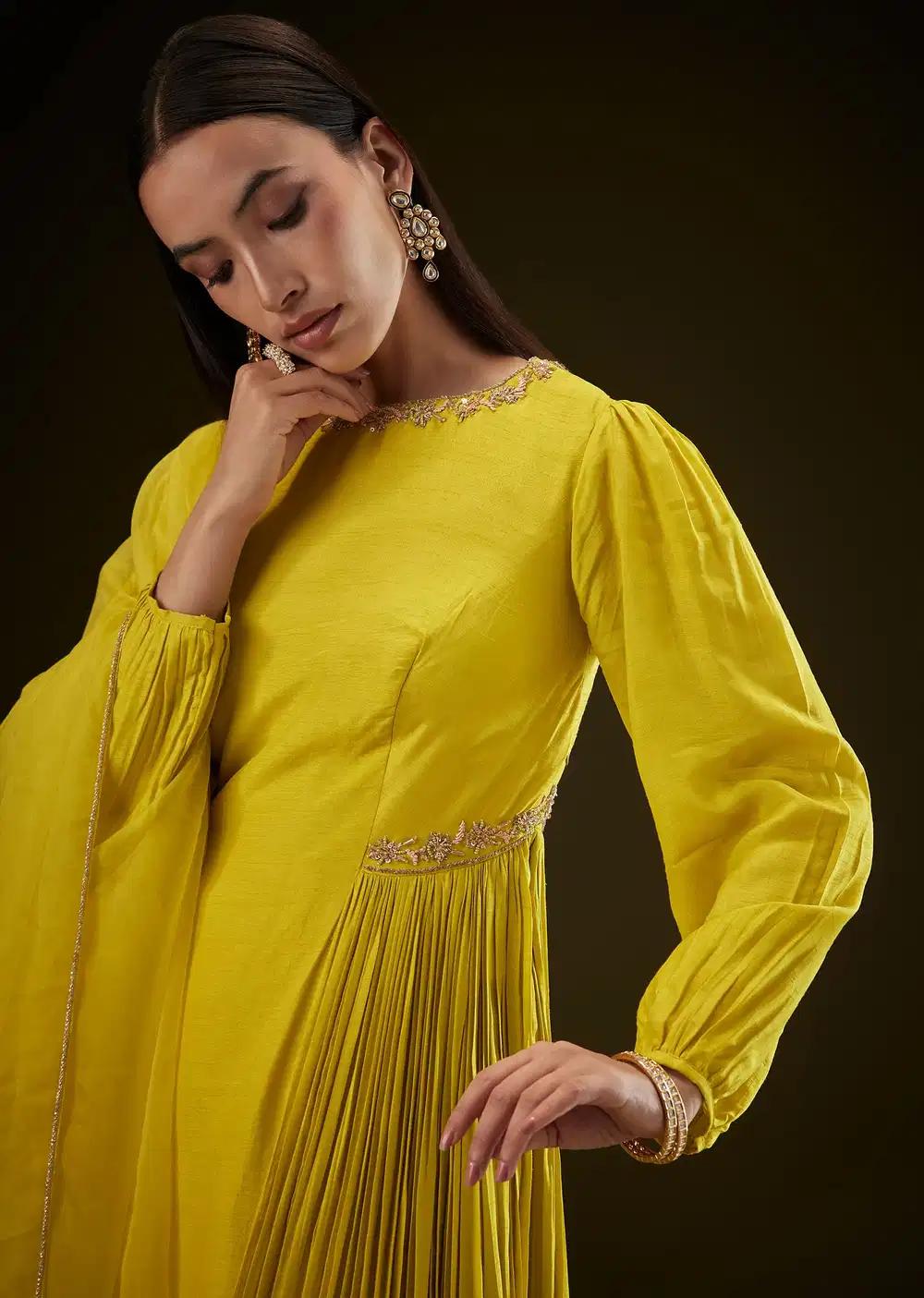 Lime Yellow Kurta With Ruching And Handwork Outfit