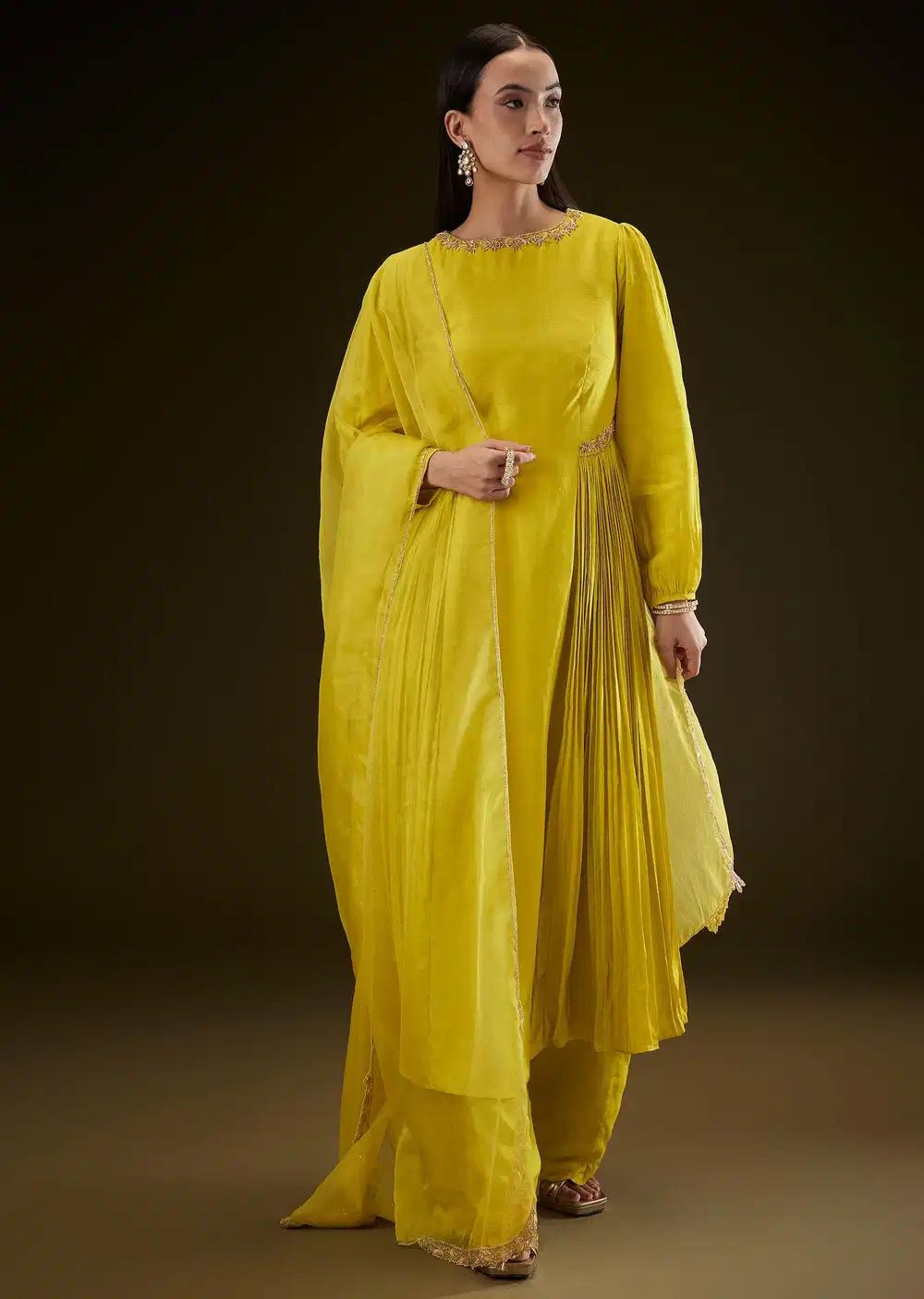 Lime Yellow Kurta With Ruching And Handwork Outfit
