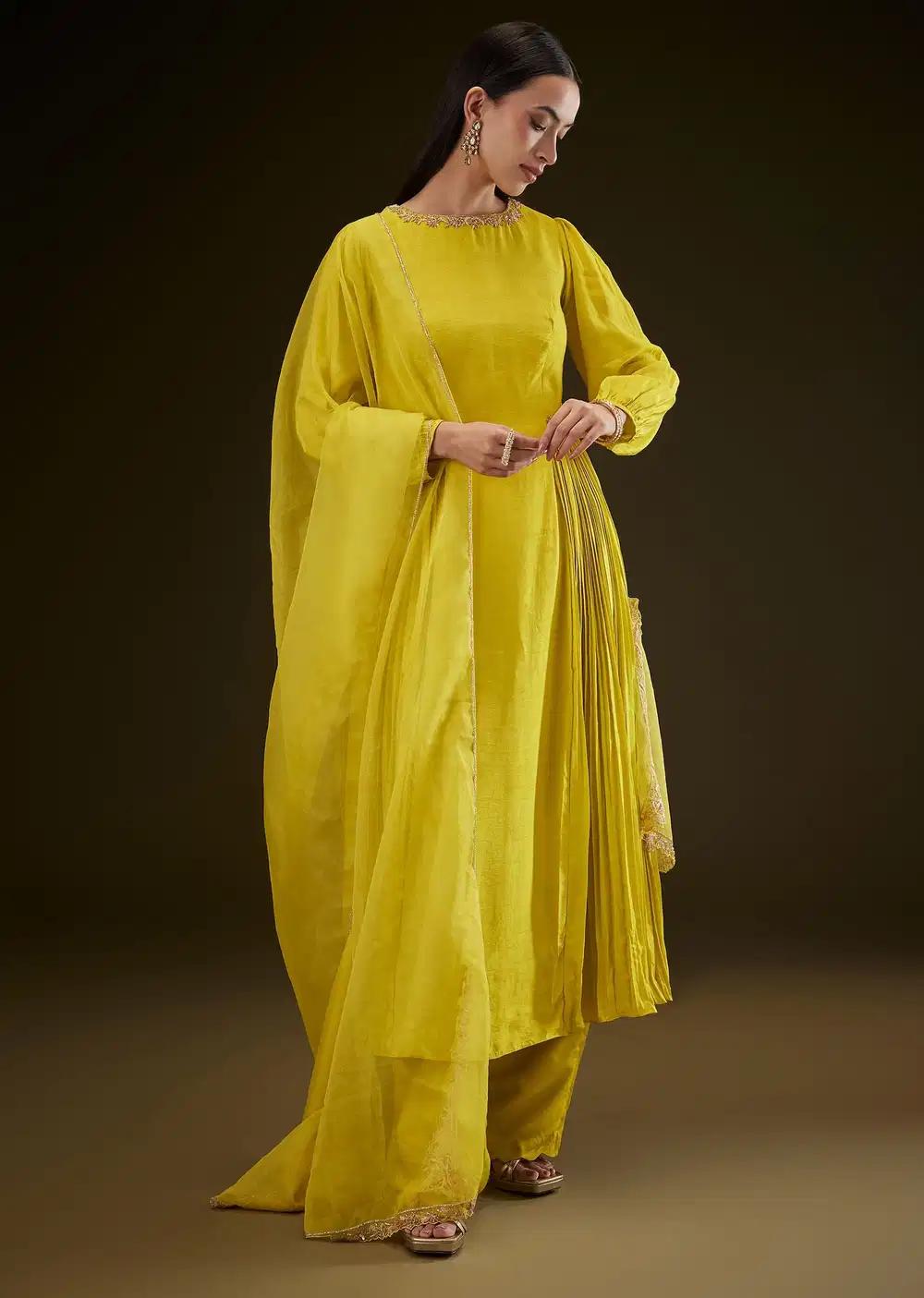 Lime Yellow Kurta With Ruching And Handwork Outfit