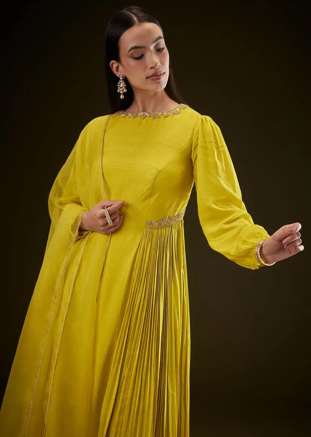 Lime Yellow Kurta With Ruching And Handwork Outfit