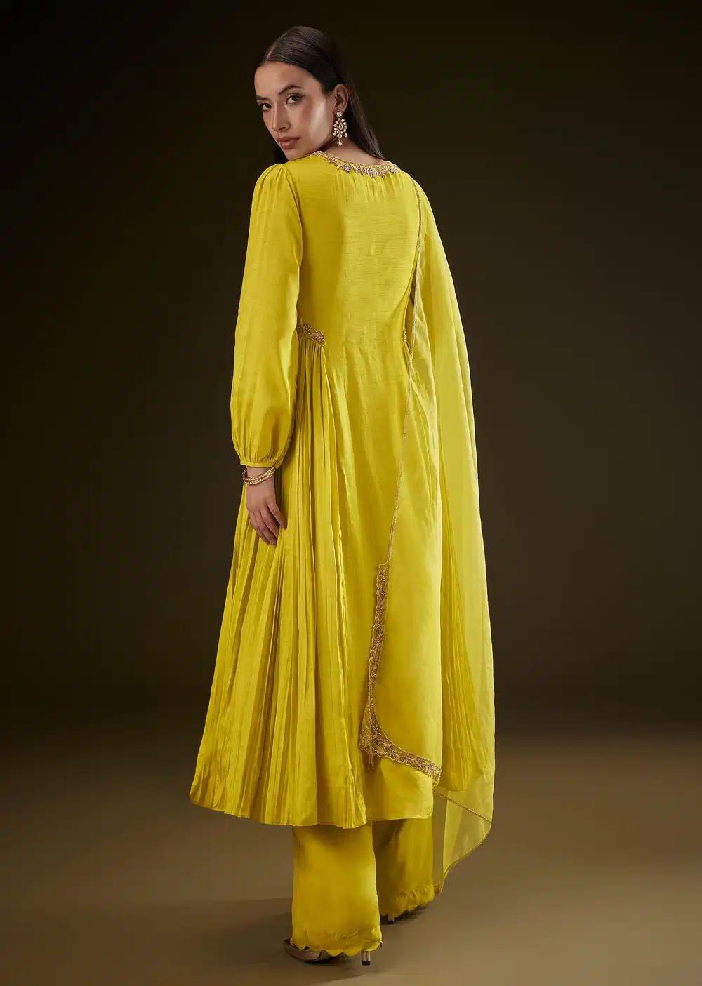 Lime Yellow Kurta With Ruching And Handwork Outfit