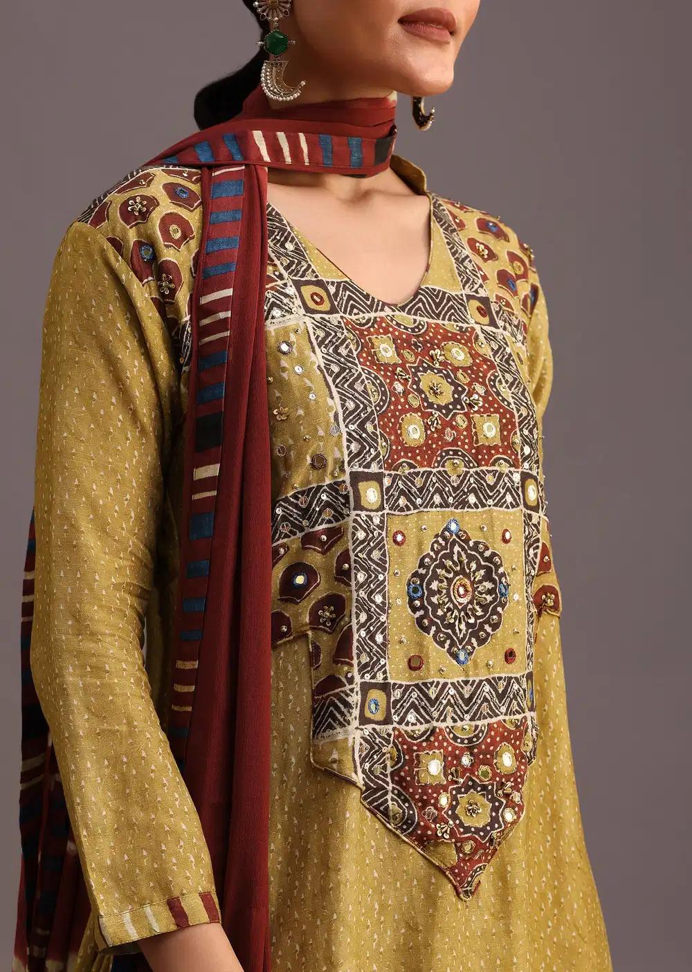 Mehendi Green Ajrakh Printed Kurta Ensemble With Leheriya Dupatta Outfit