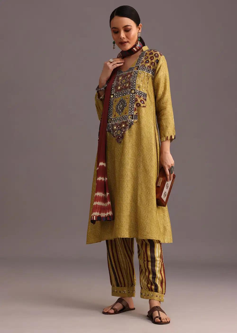 Mehendi Green Ajrakh Printed Kurta Ensemble With Leheriya Dupatta Outfit