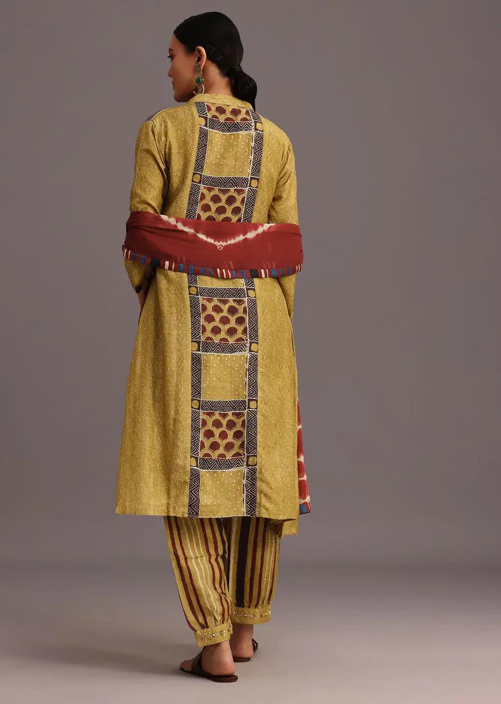 Mehendi Green Ajrakh Printed Kurta Ensemble With Leheriya Dupatta Outfit
