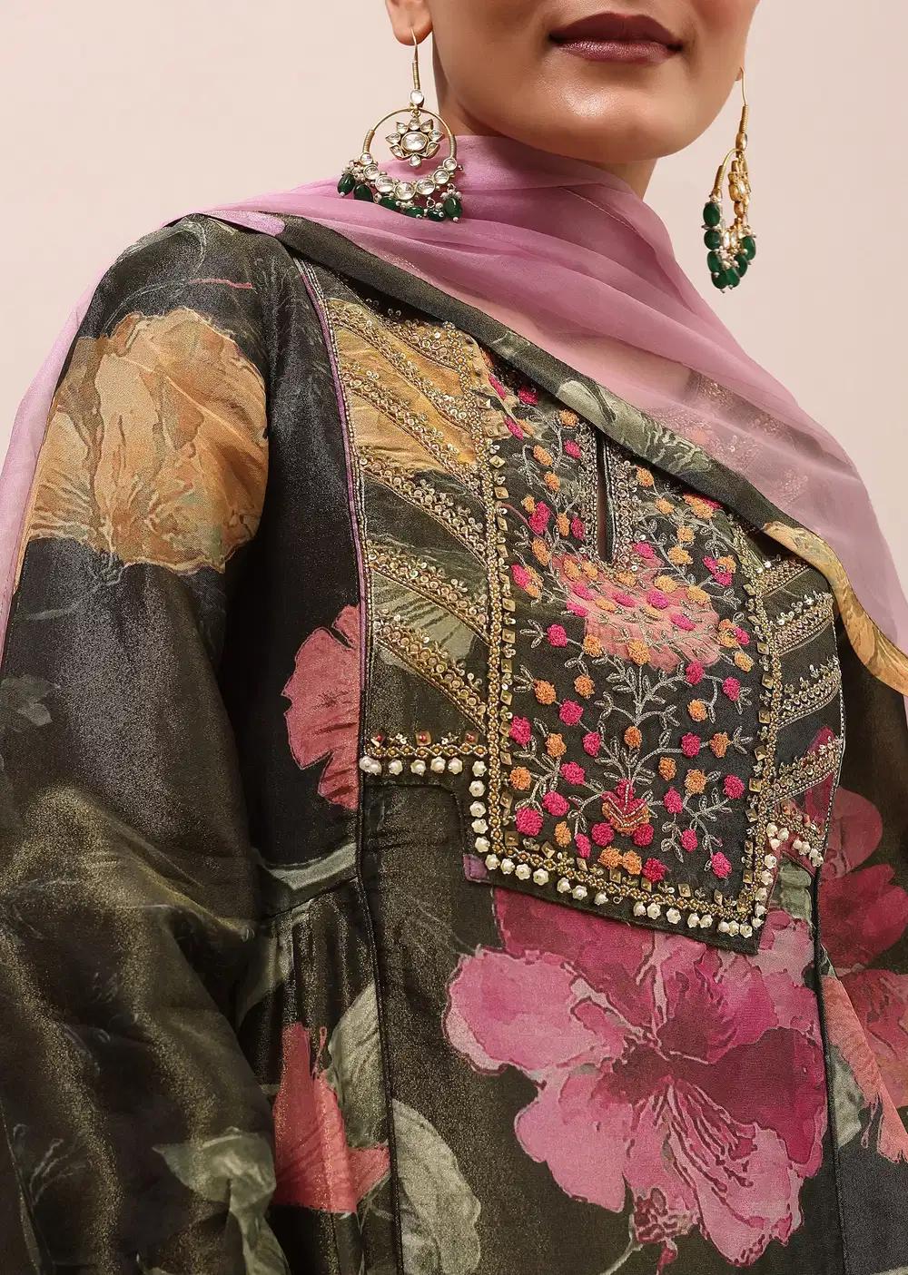 Mehendi Green Embroidered Kurta And Salwar With Dupatta Outfit