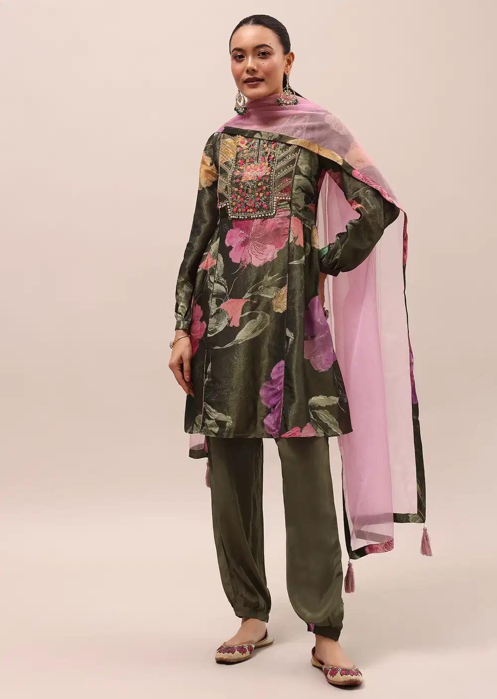 Mehendi Green Embroidered Kurta And Salwar With Dupatta Outfit