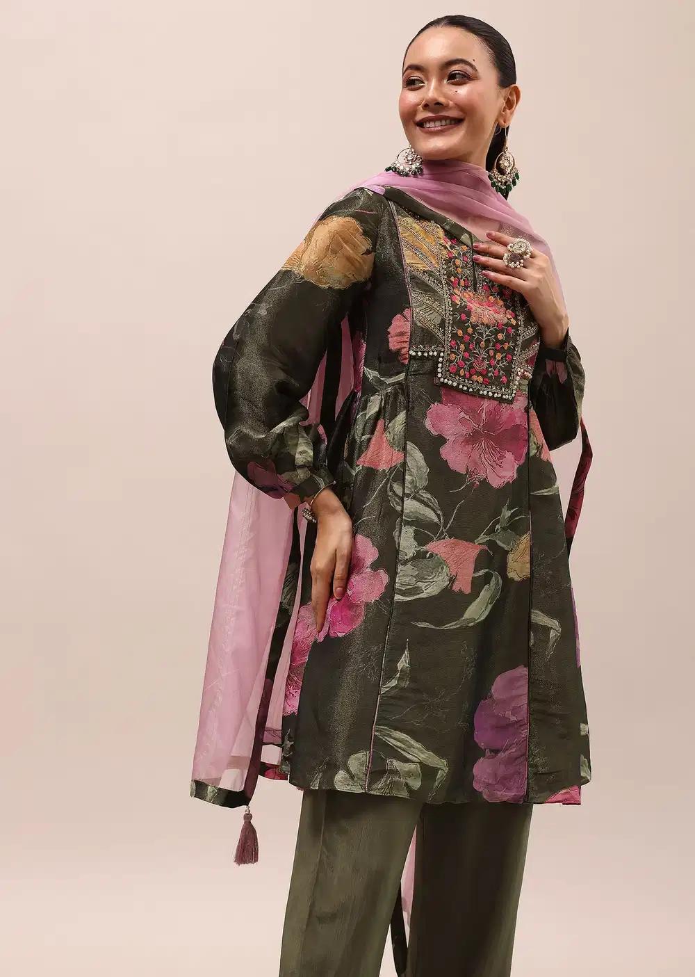 Mehendi Green Embroidered Kurta And Salwar With Dupatta Outfit