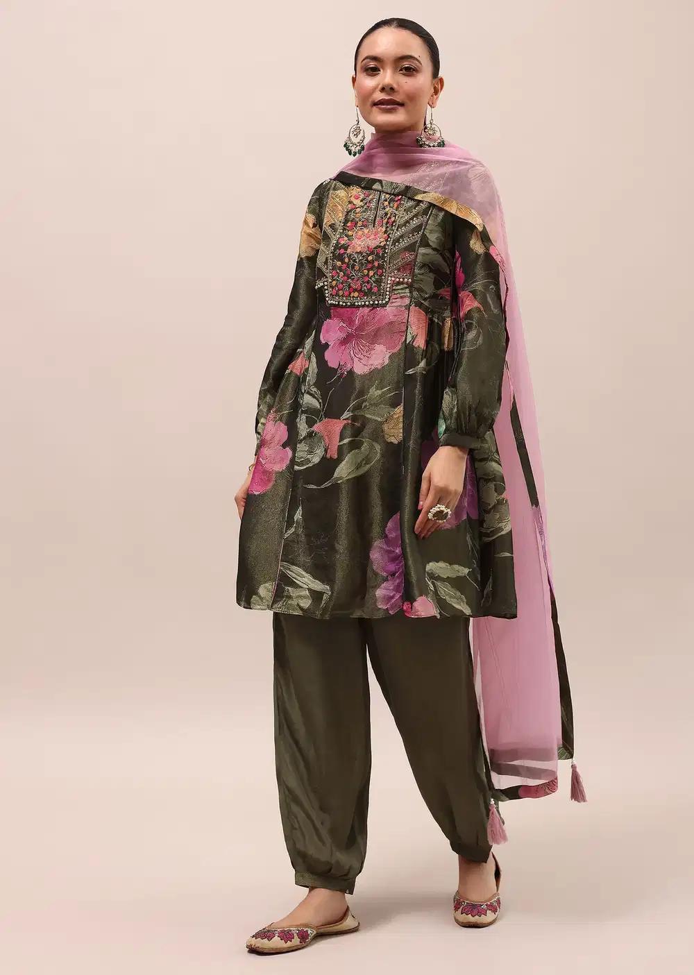 Mehendi Green Embroidered Kurta And Salwar With Dupatta Outfit
