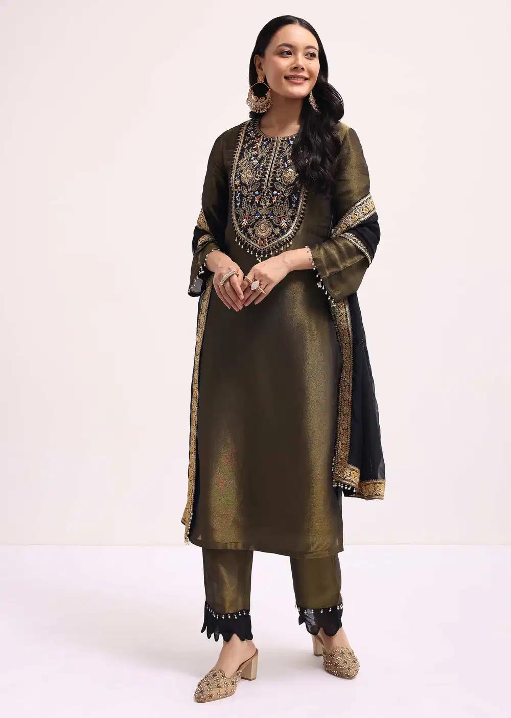 Mehendi Green Sequin Embroidered Tissue Kurta Ensemble With Dupatta Outfit