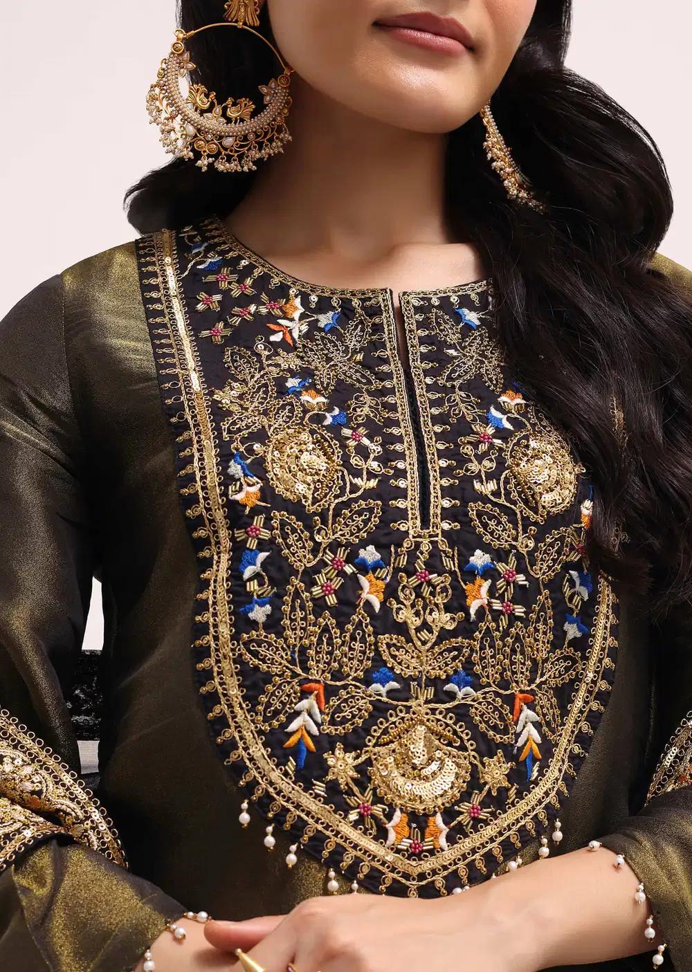 Mehendi Green Sequin Embroidered Tissue Kurta Ensemble With Dupatta Outfit