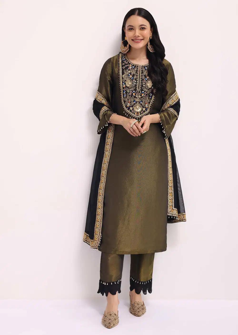 Mehendi Green Sequin Embroidered Tissue Kurta Ensemble With Dupatta Outfit