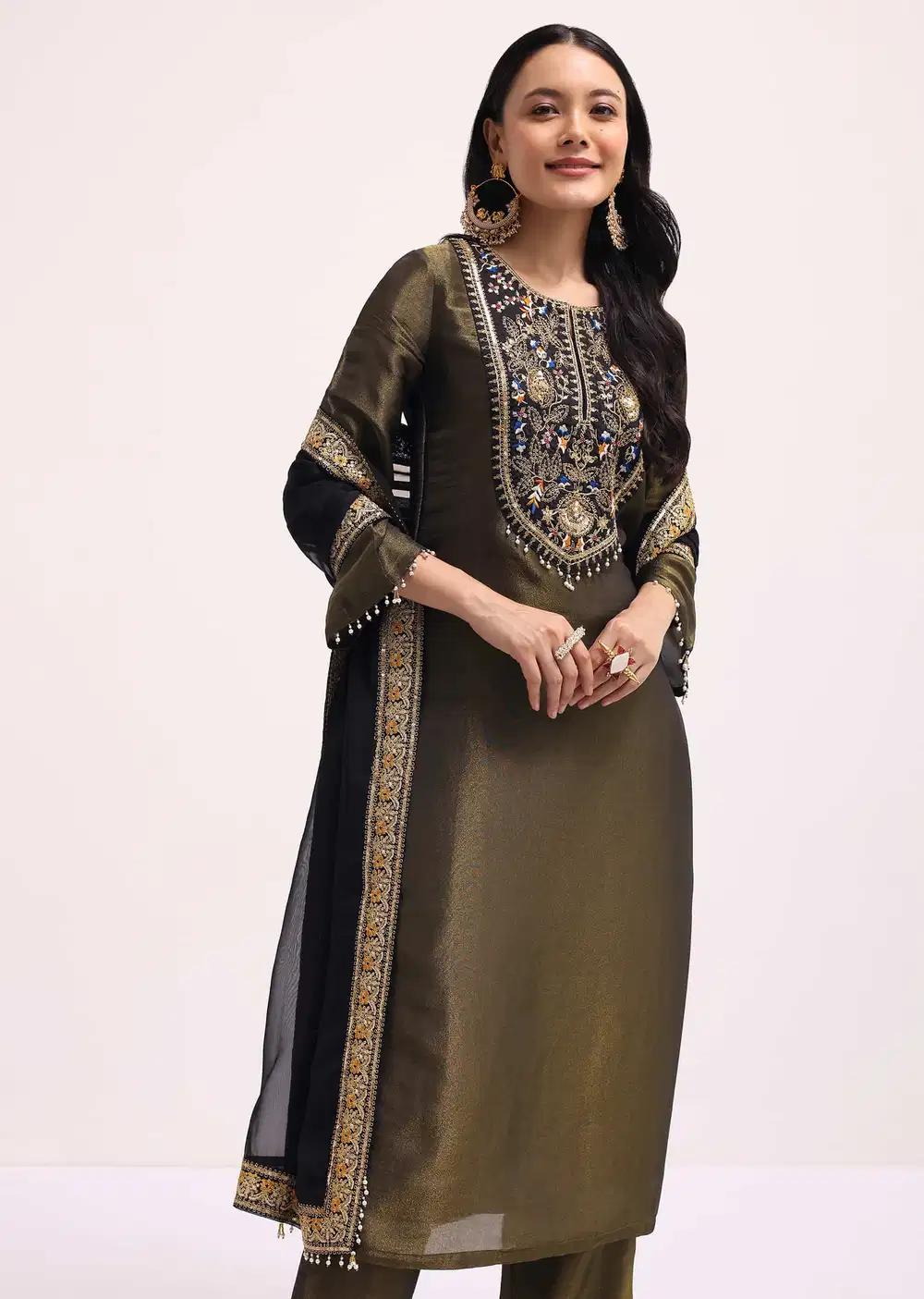 Mehendi Green Sequin Embroidered Tissue Kurta Ensemble With Dupatta Outfit