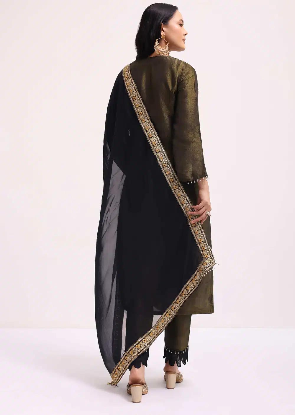 Mehendi Green Sequin Embroidered Tissue Kurta Ensemble With Dupatta Outfit
