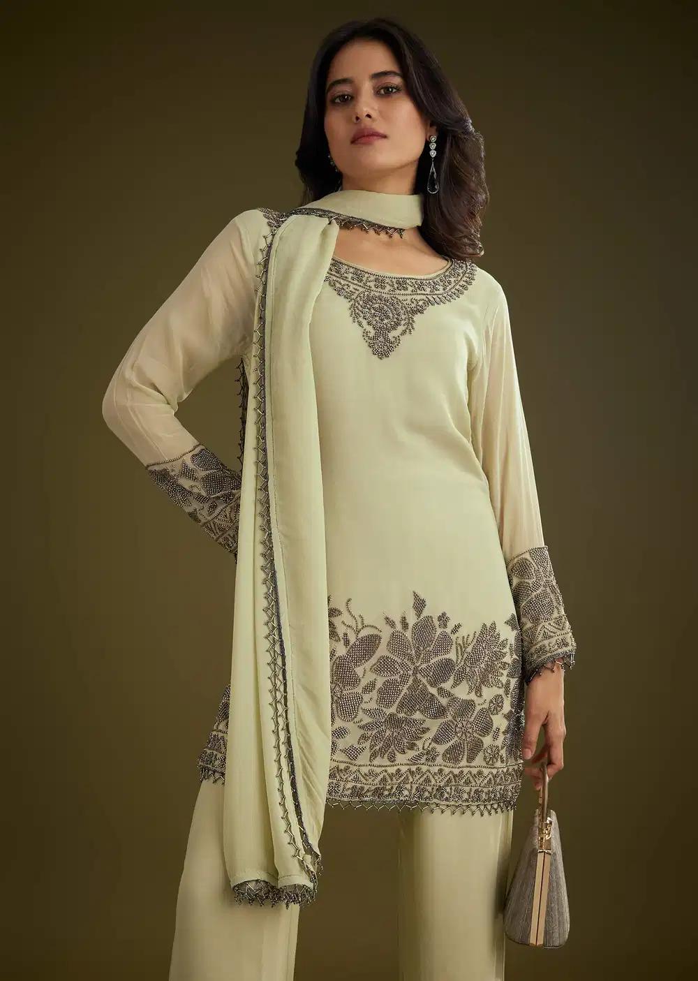 Mint Green Georgette Beads Kurta Ensemble With Tassels Bordered Dupatta Outfit