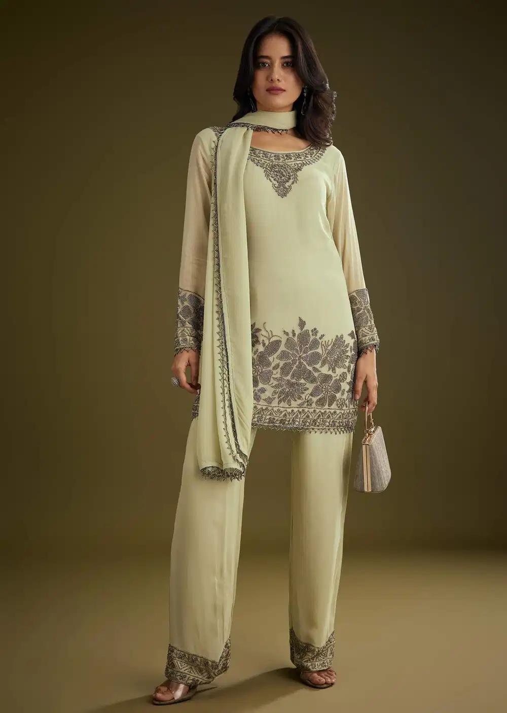 Mint Green Georgette Beads Kurta Ensemble With Tassels Bordered Dupatta Outfit
