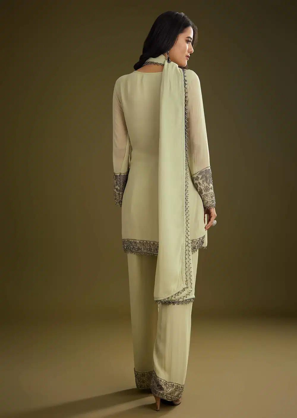 Mint Green Georgette Beads Kurta Ensemble With Tassels Bordered Dupatta Outfit