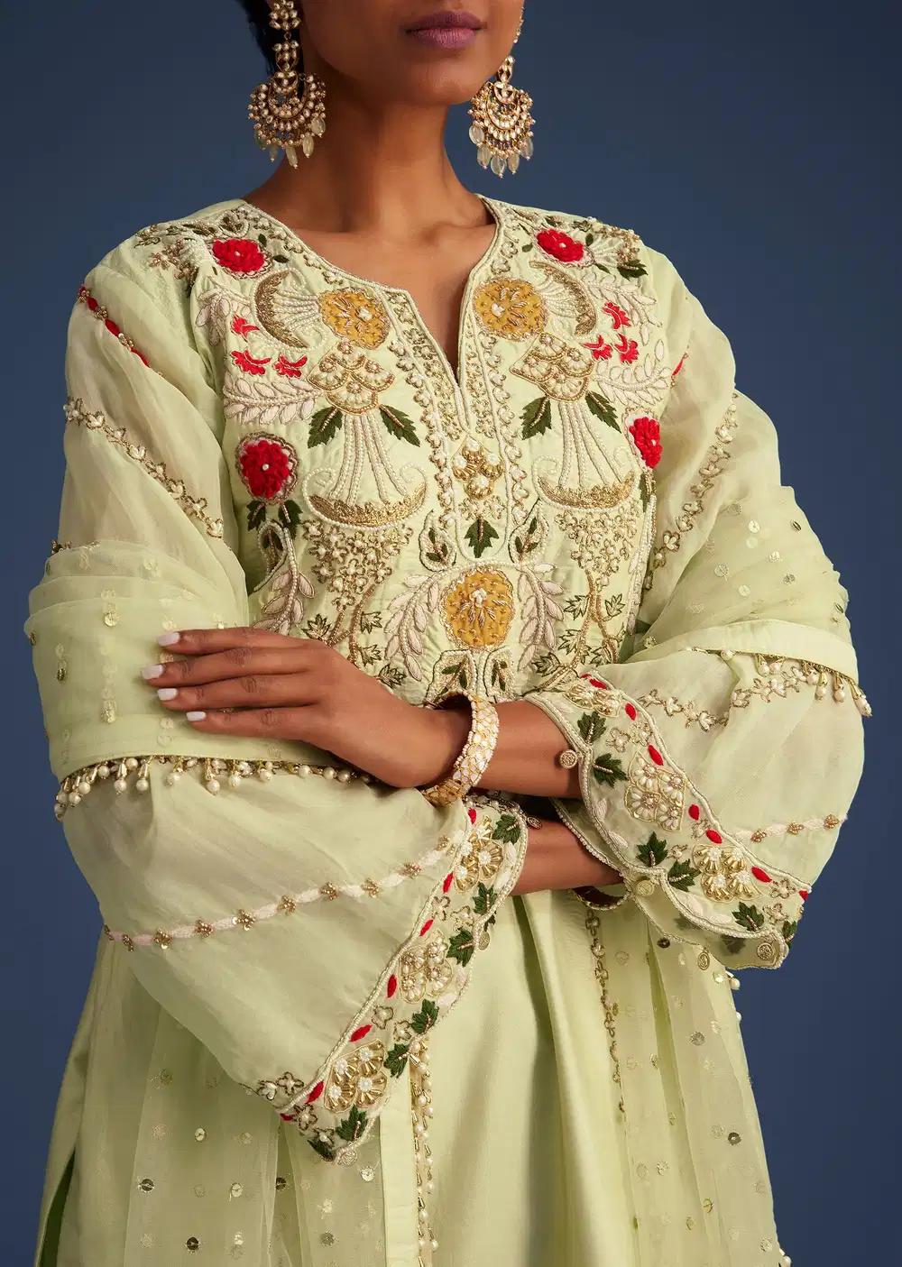 Mint Green Silk Kurta Ensemble With Embroidery Outfit