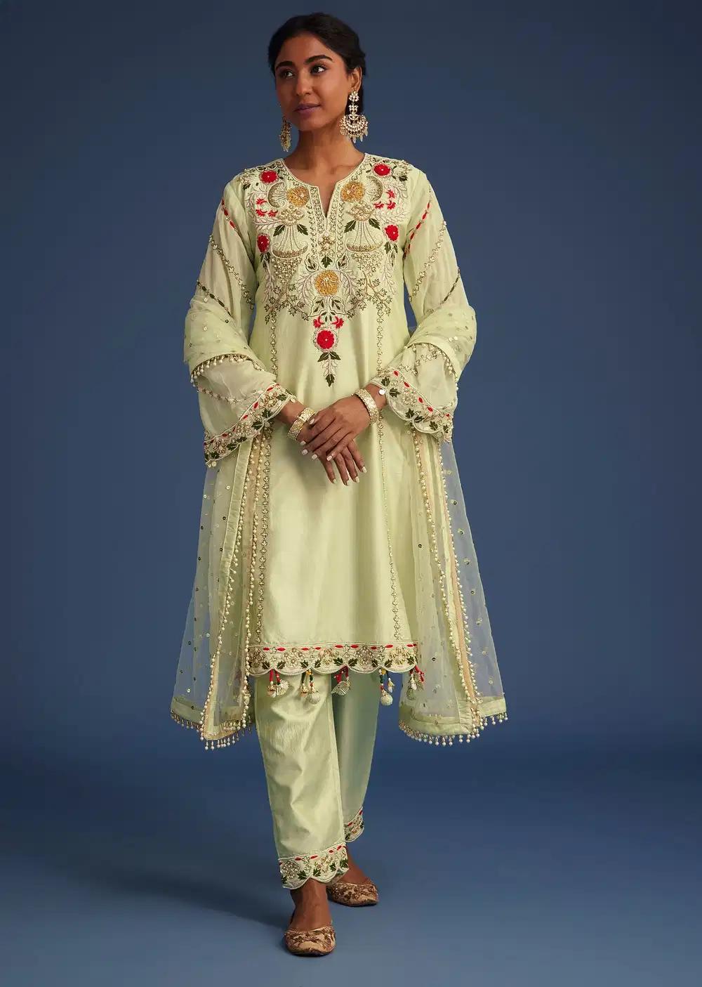 Mint Green Silk Kurta Ensemble With Embroidery Outfit