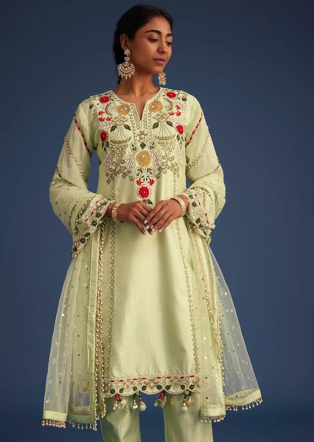Mint Green Silk Kurta Ensemble With Embroidery Outfit