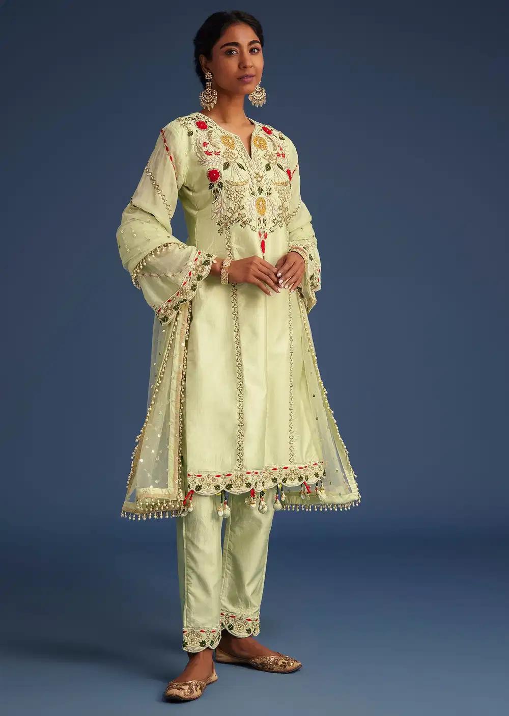 Mint Green Silk Kurta Ensemble With Embroidery Outfit