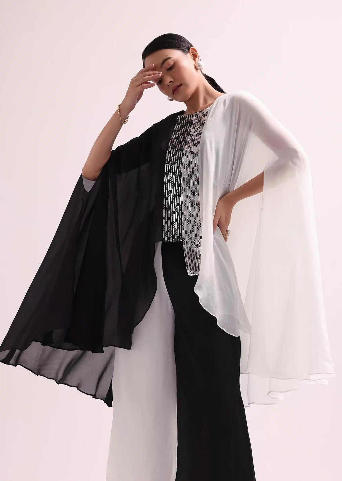 Monochrome Black And White Palazzo Set With Embroidered Crop Top