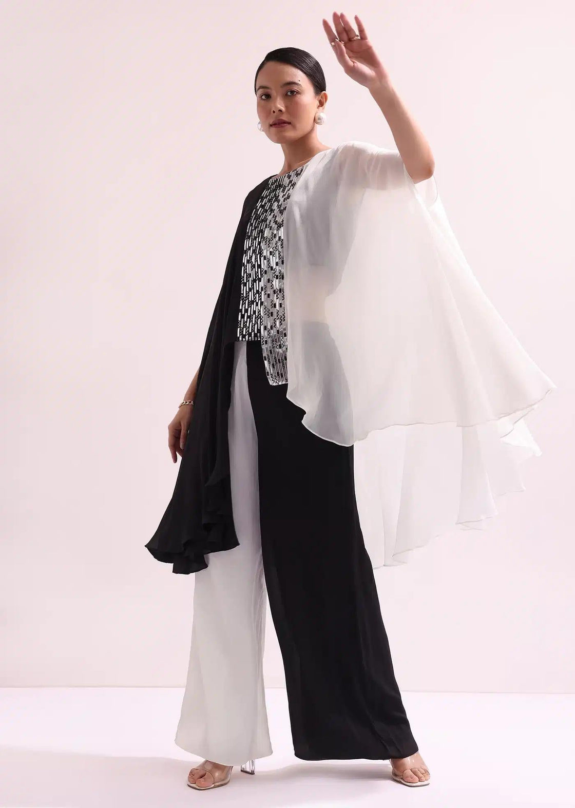 Monochrome Black And White Palazzo Set With Embroidered Crop Top