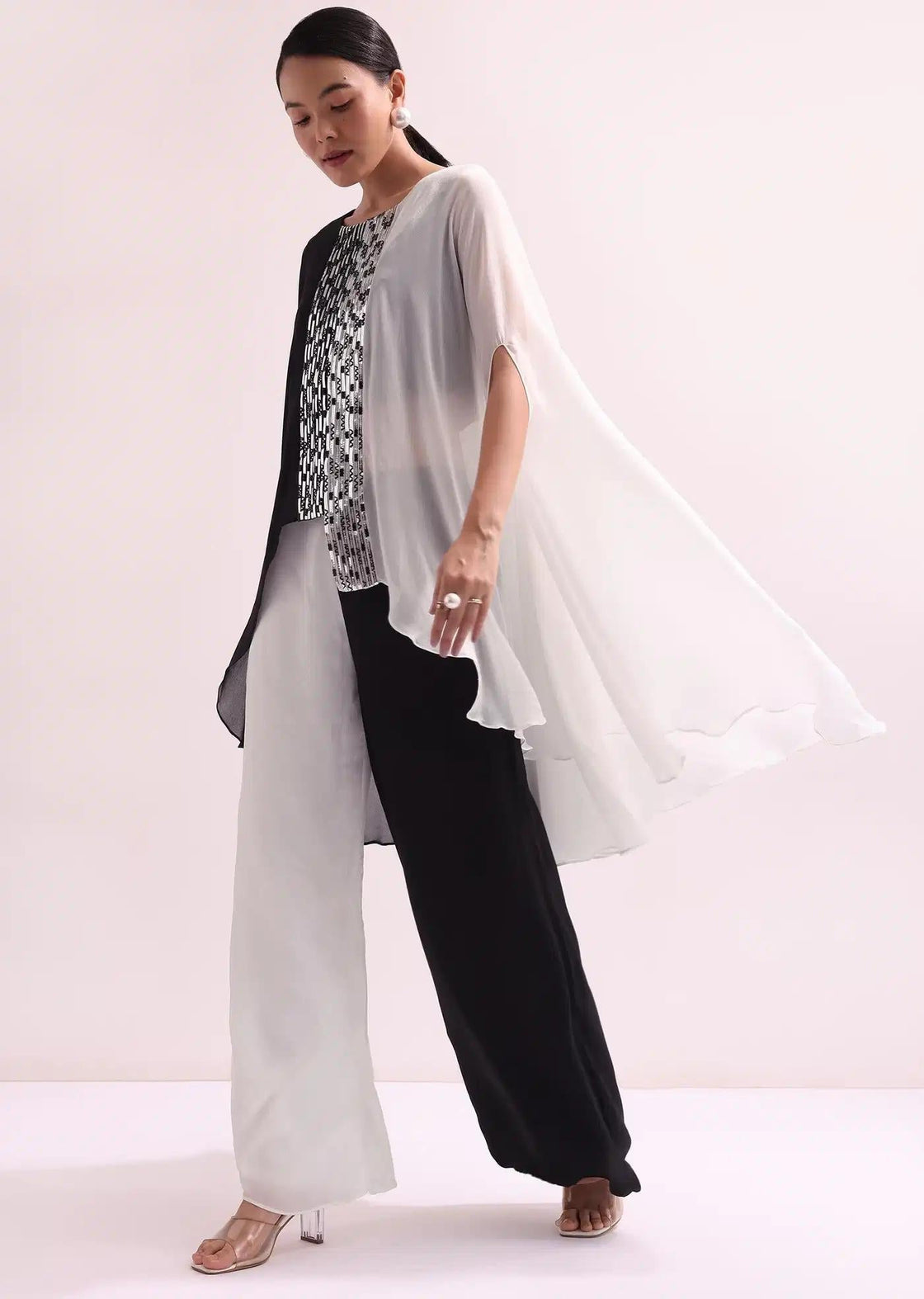Monochrome Black And White Palazzo Set With Embroidered Crop Top