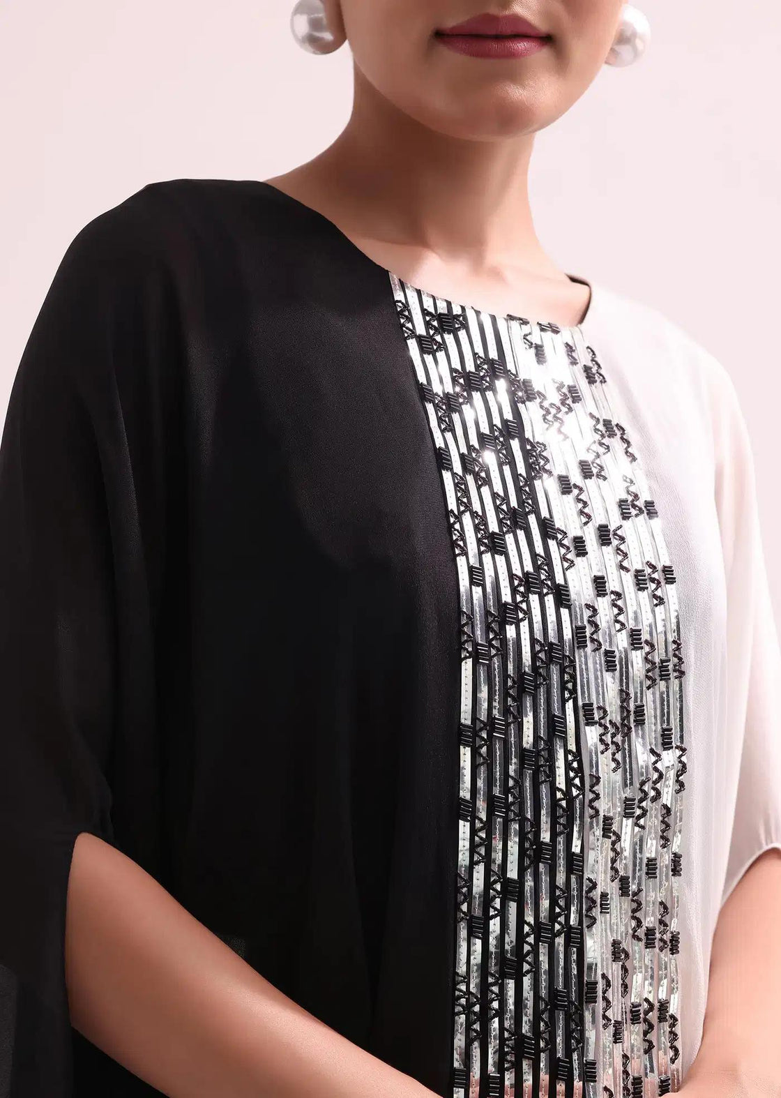 Monochrome Black And White Palazzo Set With Embroidered Crop Top