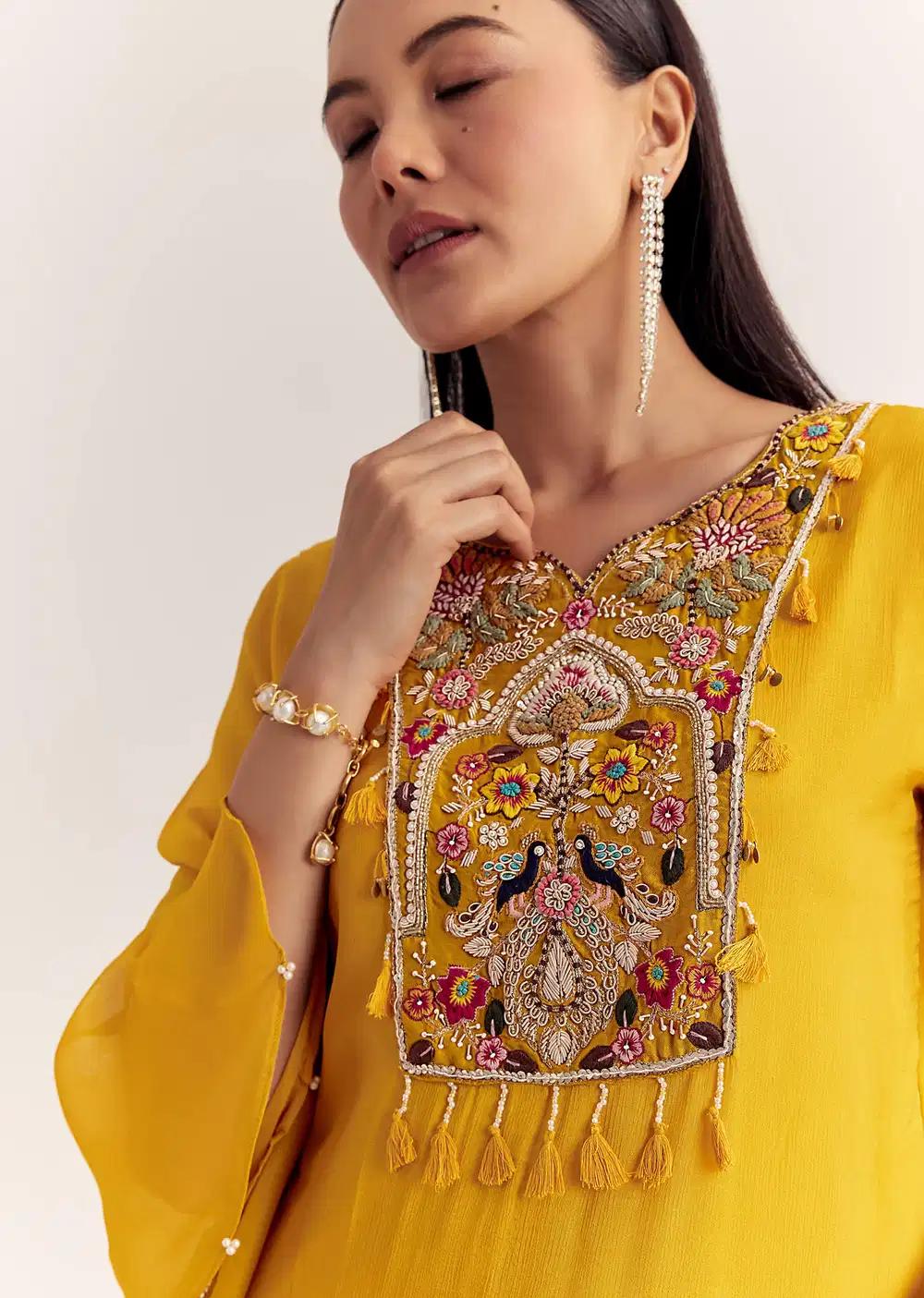 Mustard Chinon Asymmetrical Embroidered Kurta Ensemble With Dupatta Outfit